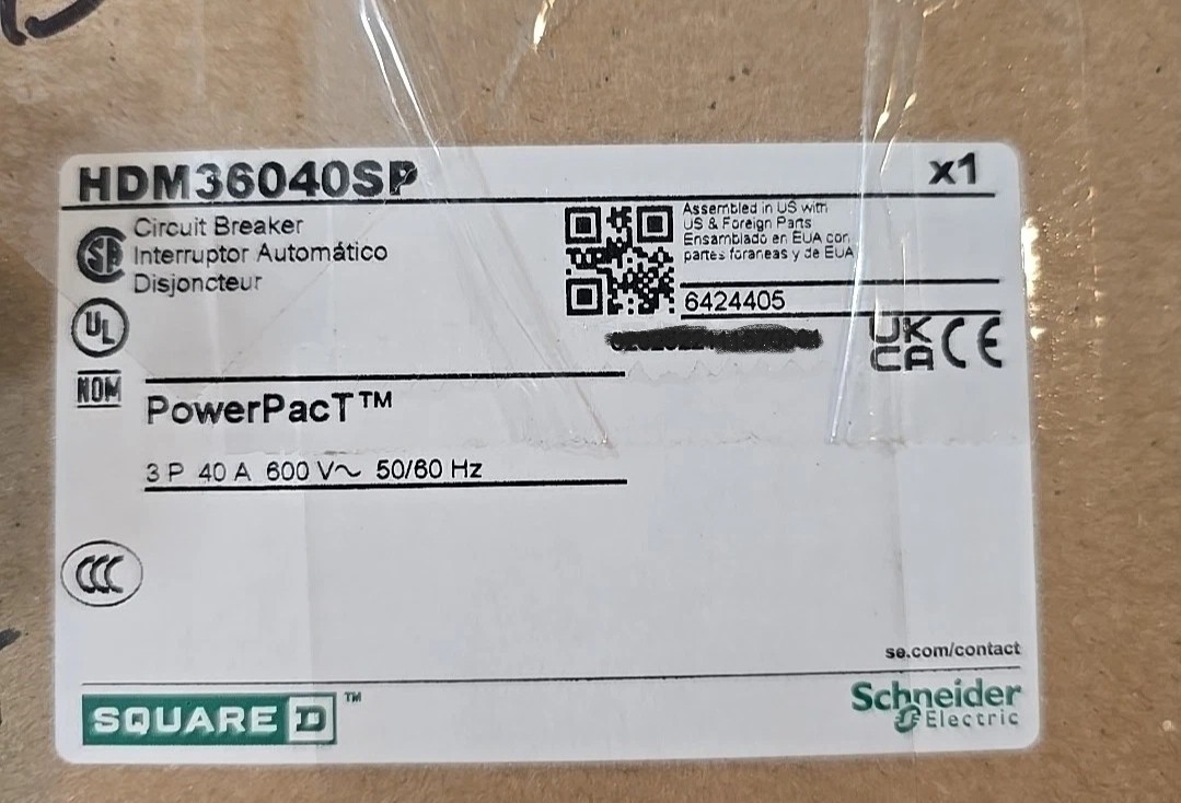 PowerPacT Circuit Breaker Thermal Magnetic 600V 40A 3 Pole SQUARE D HDM36040-SP