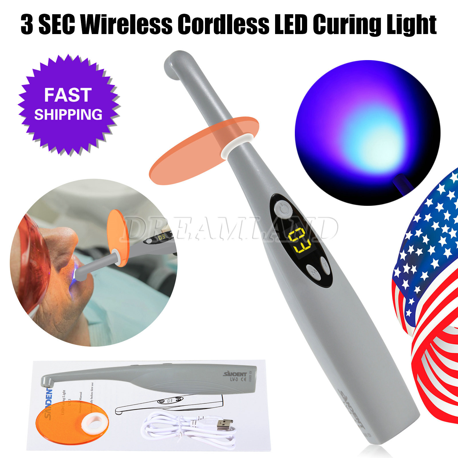USA Dental Wireless Curing Light 1 Second Resin Cure LED Lamp