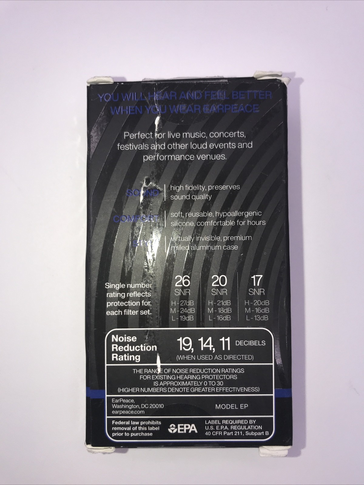 EarPeace Music Hi-Fi Reusable Ear Plugs 3 Filter Sets 19 14 11 Decibels,Open Box
