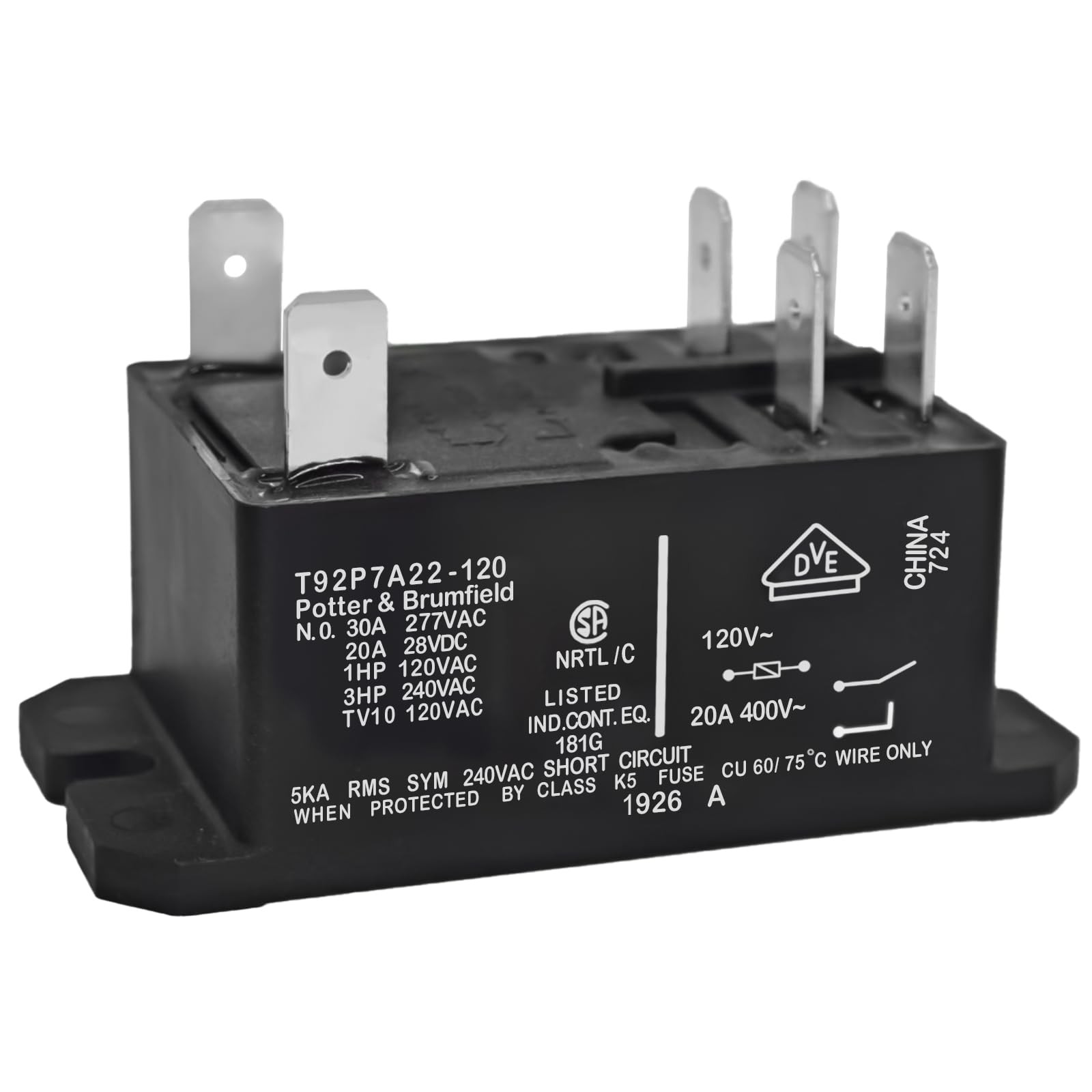 T92P7A22-120 Power Relay (Pack of 2), DPST-NO (2 Form A) – 120VAC, 30A 6-Pins Ge