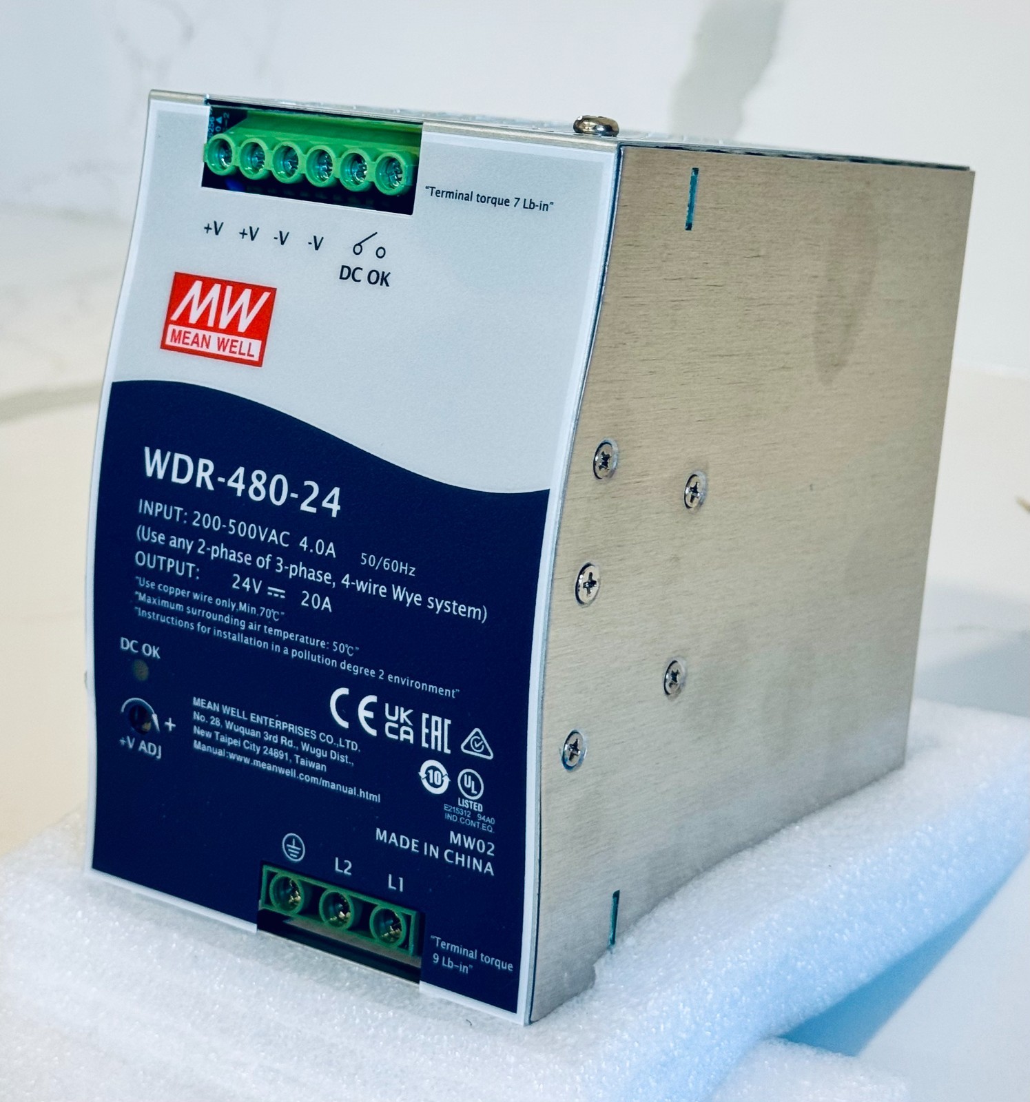 Mean Well WDR-480-24 480 W DIN Rail Power Supply, 24 VDC 20 A, 200–500 VAC (NIB)