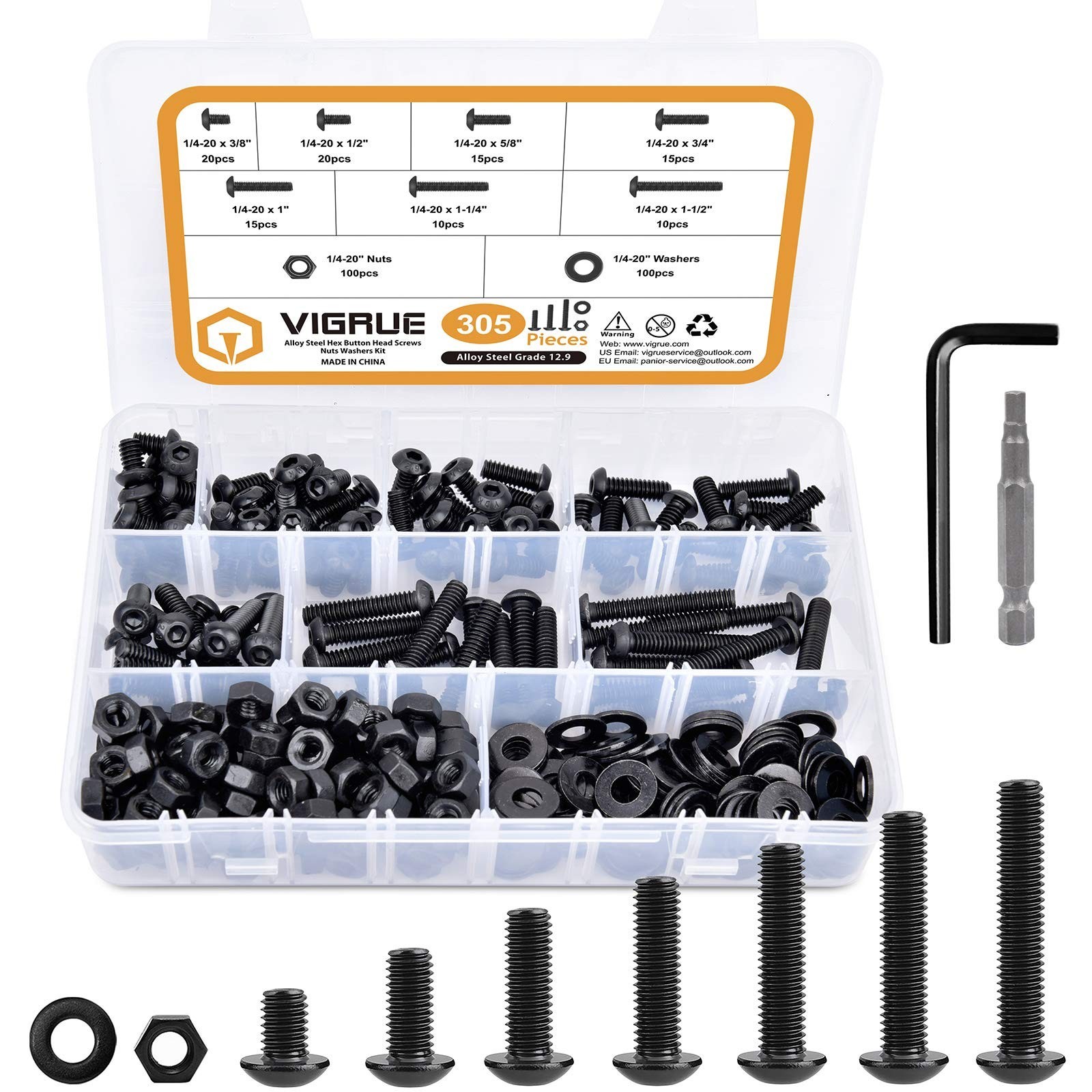 305Pcs 1/4-20 Bolt Nut Assortment Kit, Black Socket Cap Screws, Washers, Class 1