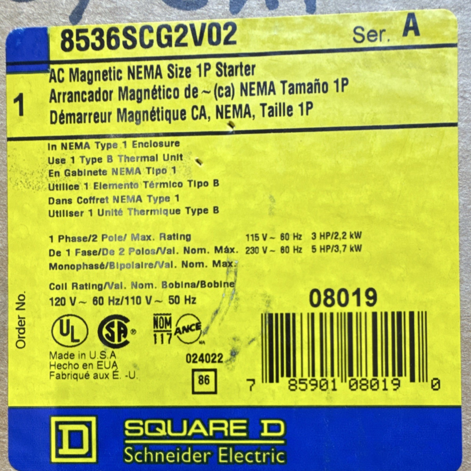 Square D AC Magnetic NEMA Size 1P Starter 8536SCG2V02 120V 60Hz