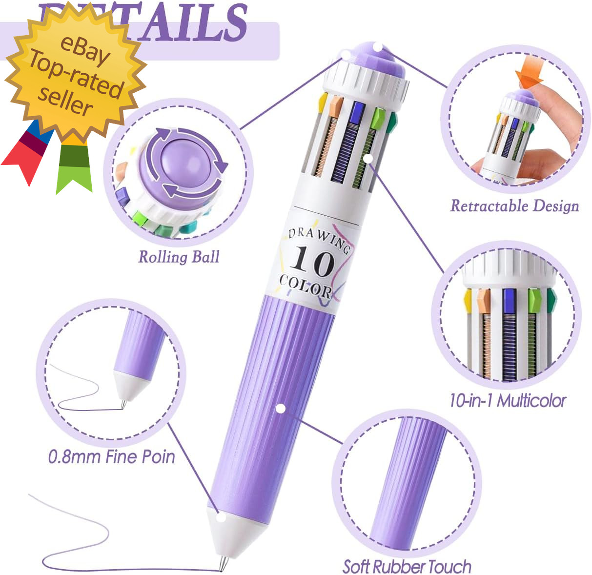 60 Colors Multicolor Pen in One, 6Pcs 10-In-1 Retractable Colored Ballpoint Pens