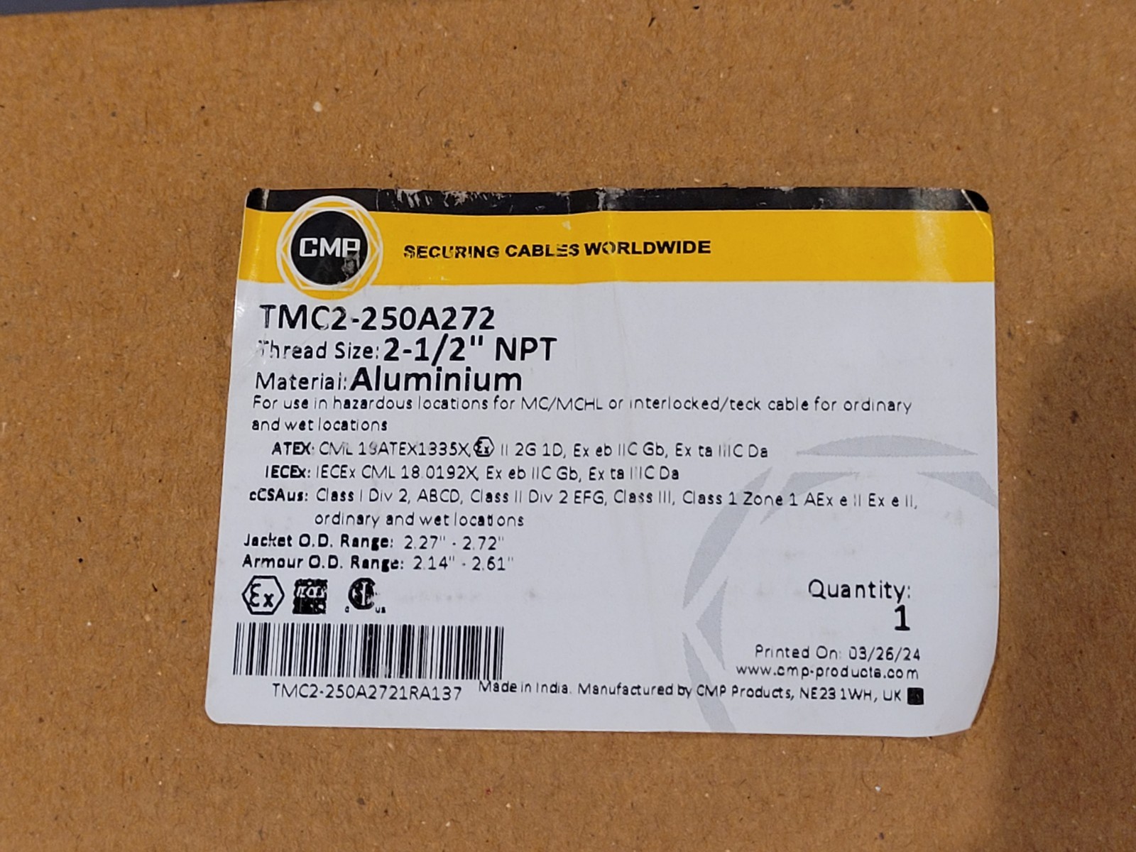 CMP TMC2-250A272 2-1/2″ NPT HAZARDOUS LOCATION for MC/MCHL TECK CABLE CONNECTOR