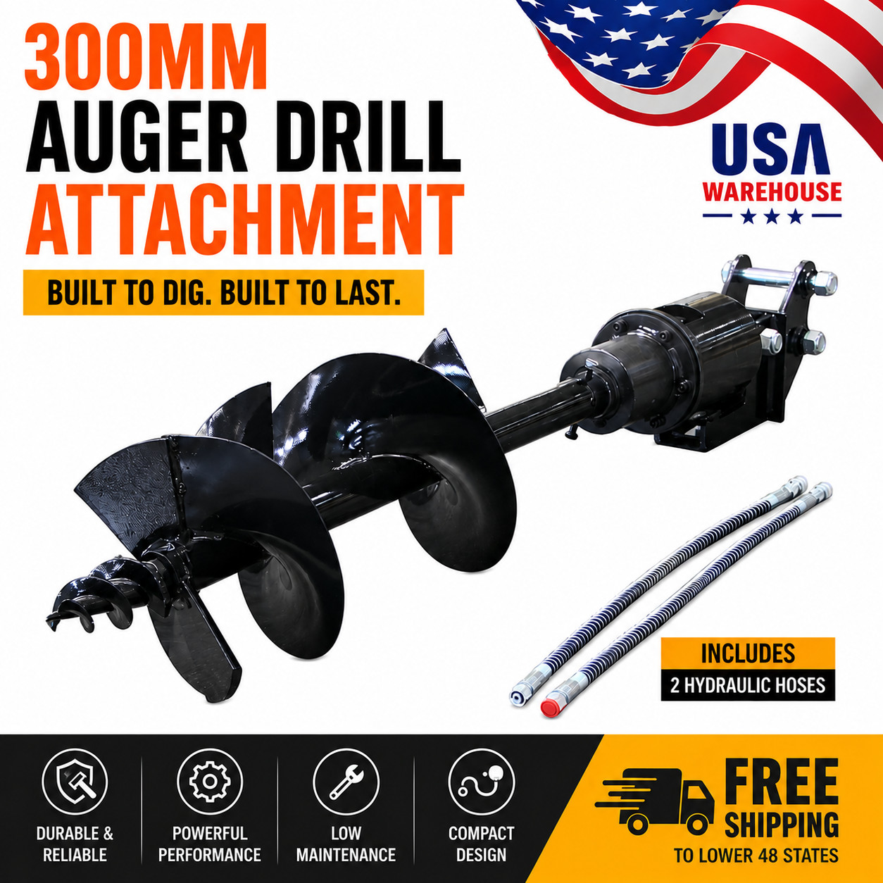 300mm Auger Drill Attachment for Mini Excavator Hydraulic Post Hole Digger Free