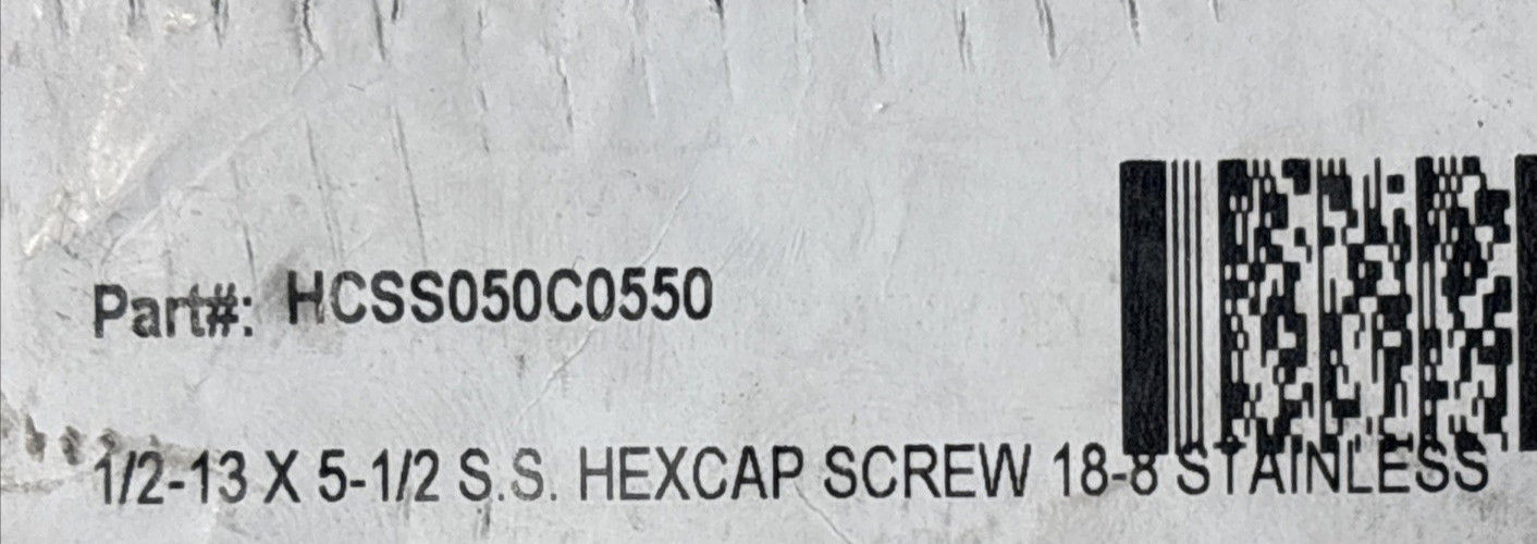 12- 1/2-13 X 5 1/2” Hex Head Cap Screw, 18-8 Stainless Steel, Partial Thread