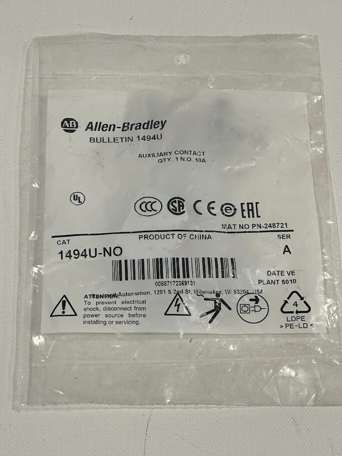 New! Allen Bradley 1494U-NO Auxiliary Contact NO, 10A Free Shipping! 1494U-N0