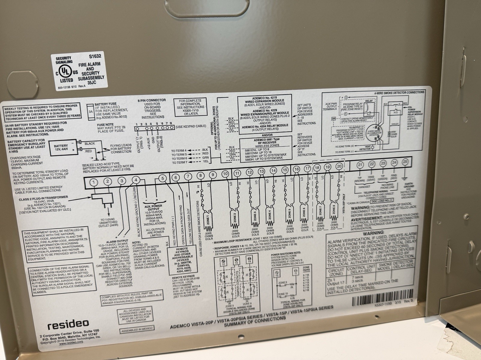 Honeywell ADEMCO VISTA-20P Alarm Control Panel Board w/ Metal Cabinet Enclosure