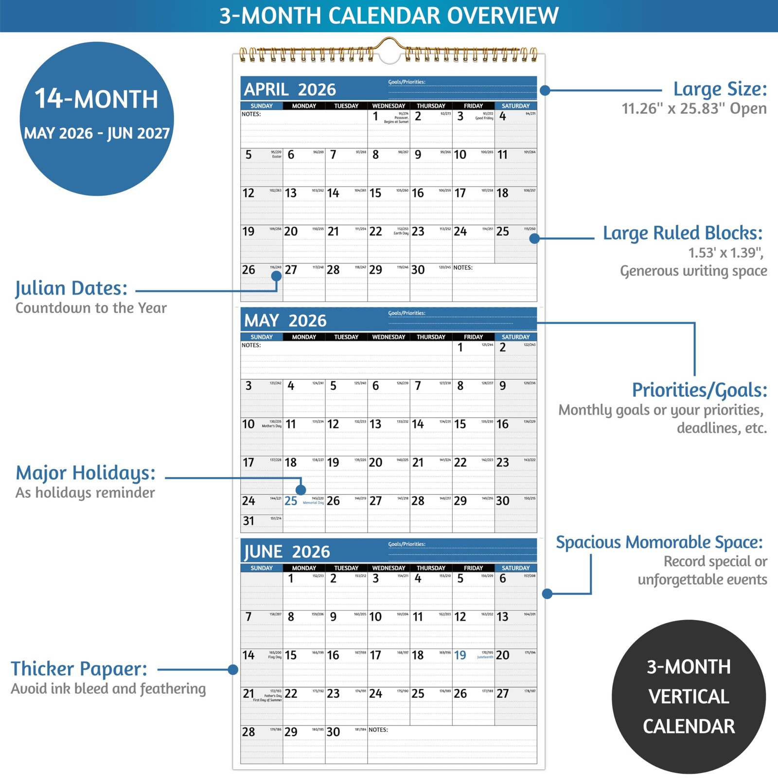 2026-2027 Wall Calendar – 3 Month Vertical, Apr 2026 -…