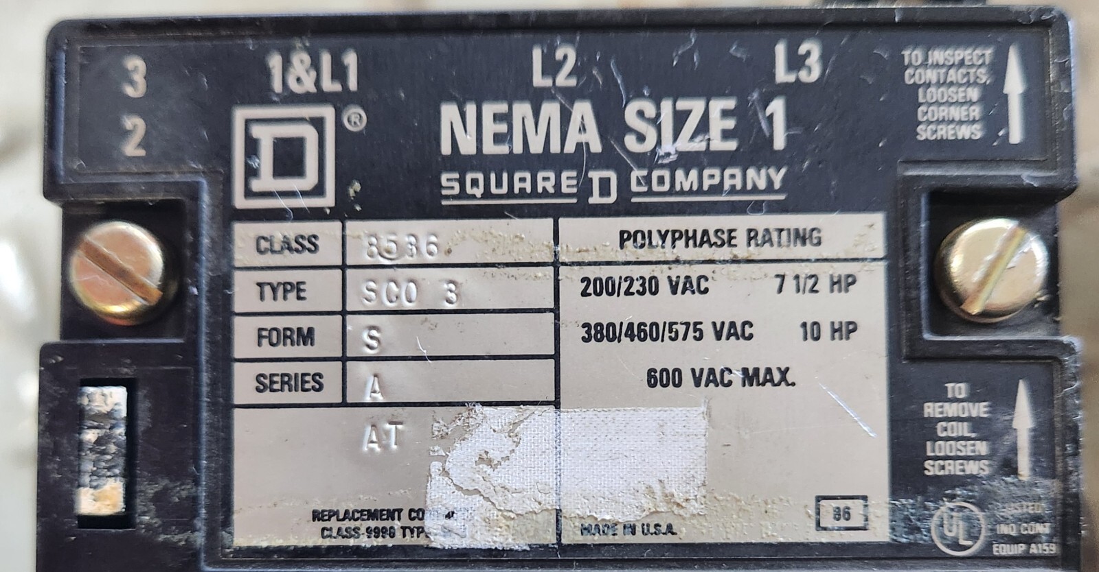 SQUARE D SIZE 1 110/120 VAC COIL SERIES A FORM S 8536SCO3VO2S