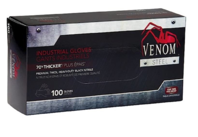 VENOM STEEL NITRILE BLACK RUBBER GLOVES / ONE SIZE FITS MOST HANDS100 COUNT BOX