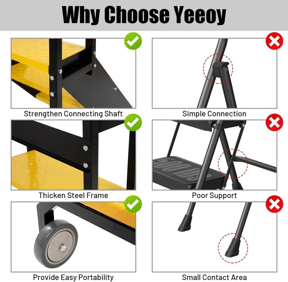 3 Step Industrial Ladder with Handrails, Warehouse Floor Standing Rolling Stairs