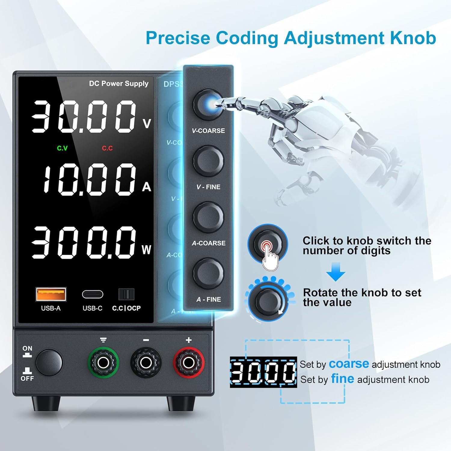 Fuente de alimentación CC variable de 0-30 V y 0-10 A, con conmutación ajustable