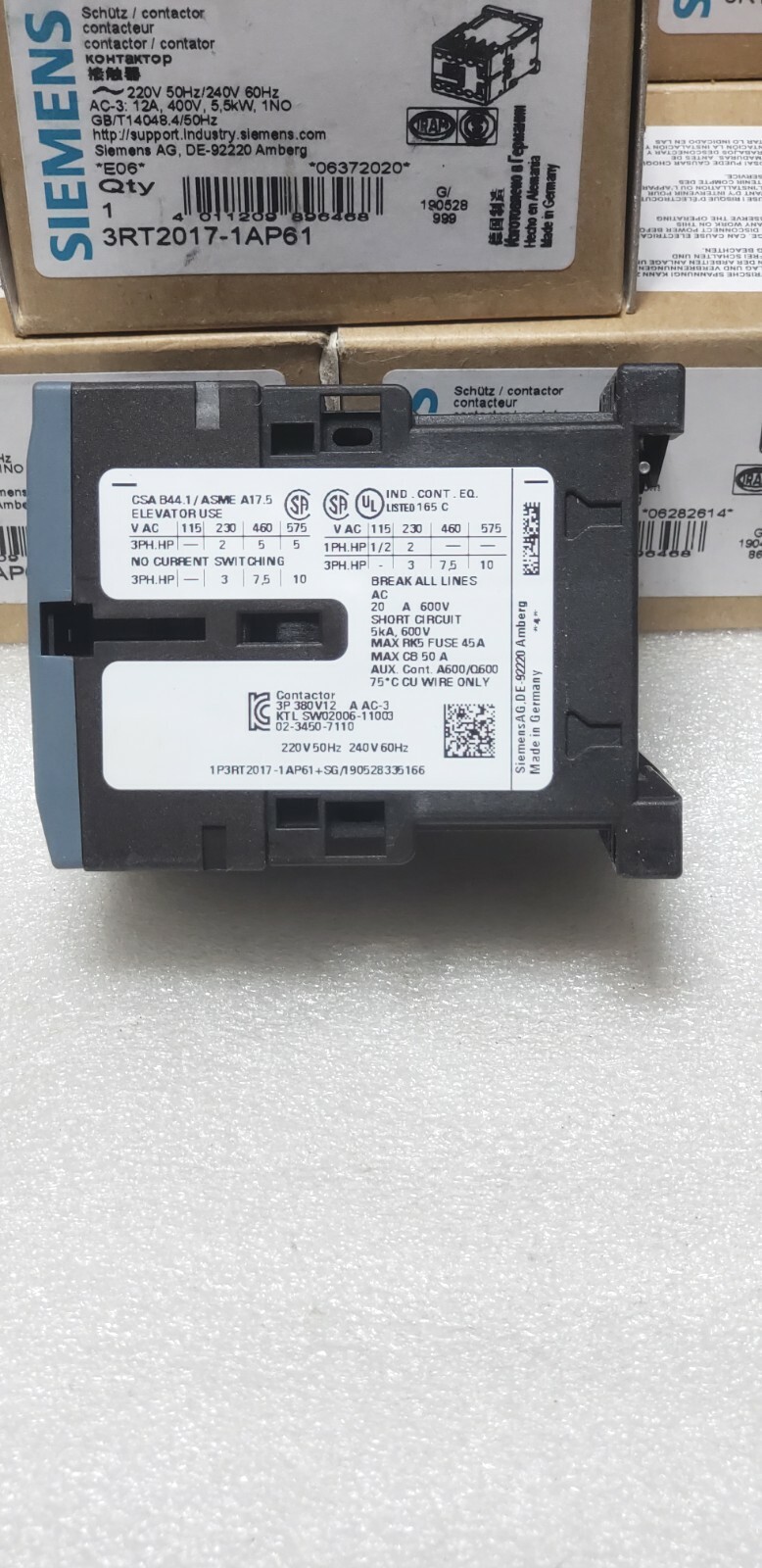Siemens 3RT20171AP61 CONTACTOR, 5.5KW/400V, 1NO, AC 220V 50HZ 240V 60 HZ, 3-Pole