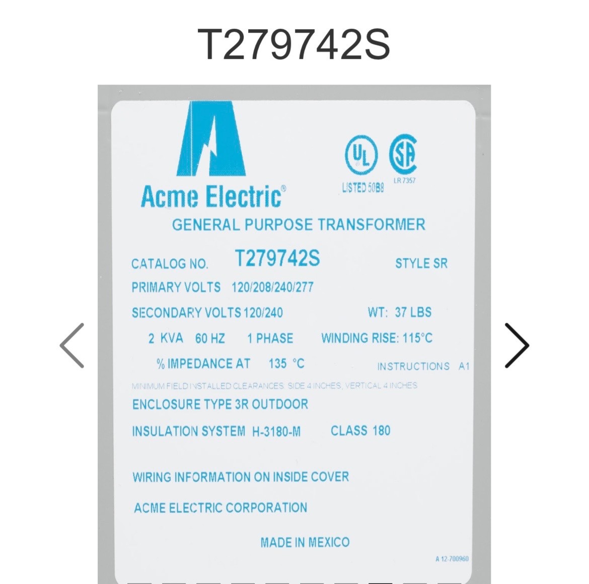 Acme Electric T279742s Low Voltage Distribution Transformer, 2 Kva, Nema 3R,