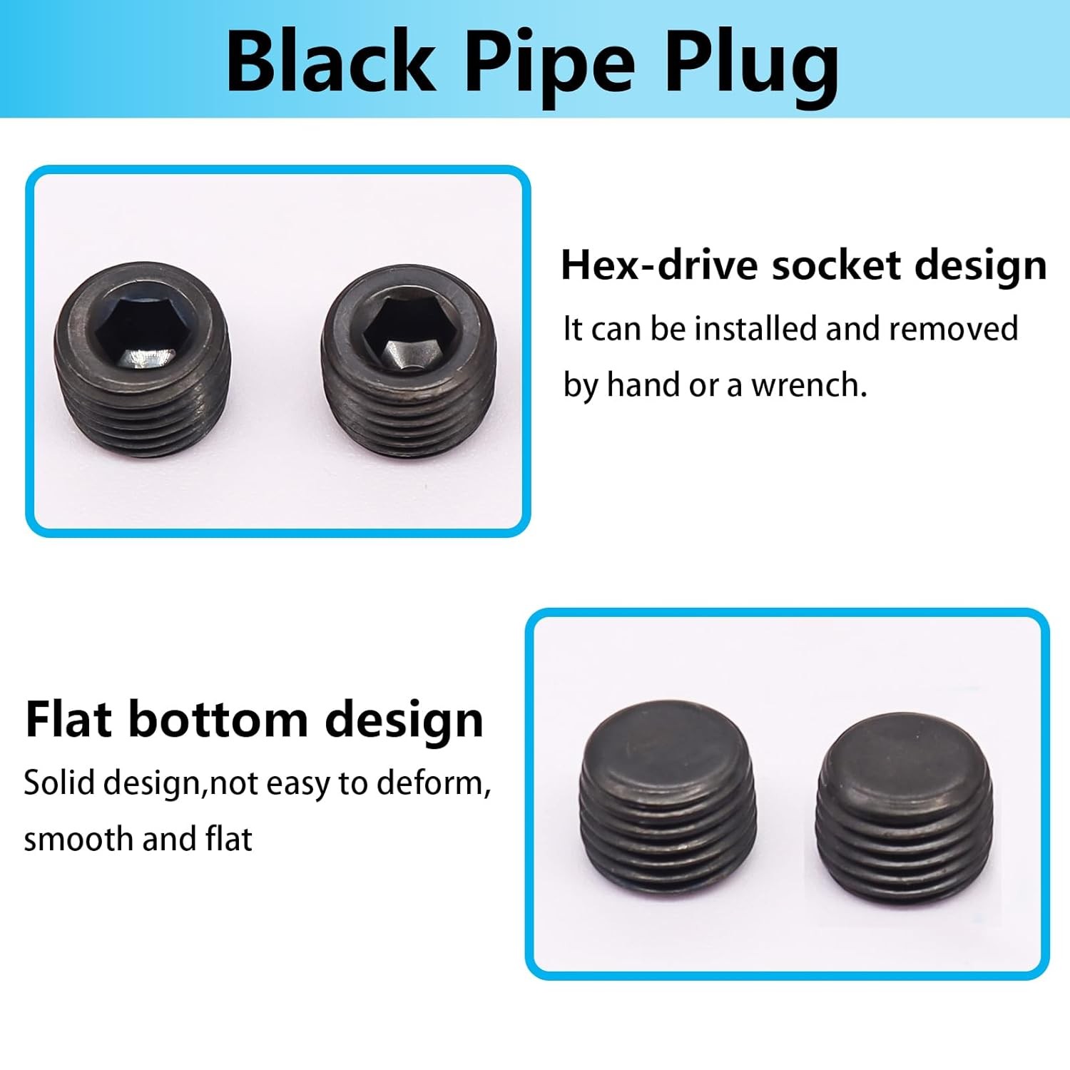 8PCS 1/2″NPT Male Pipe Plug Fitting Black Carbon Steel Pipe Plug Set Internal He