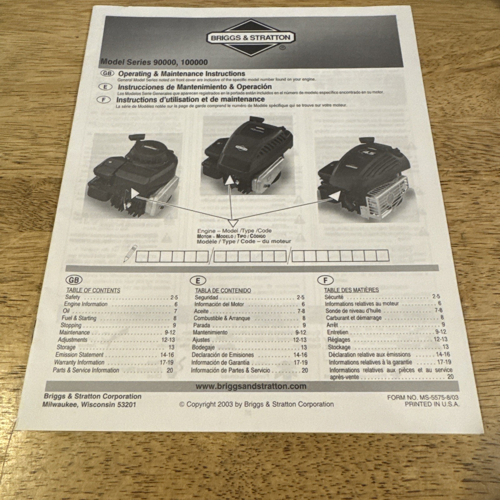 Briggs & Stratton Engines Model 90000 Model 100000 Operating/Maintenance