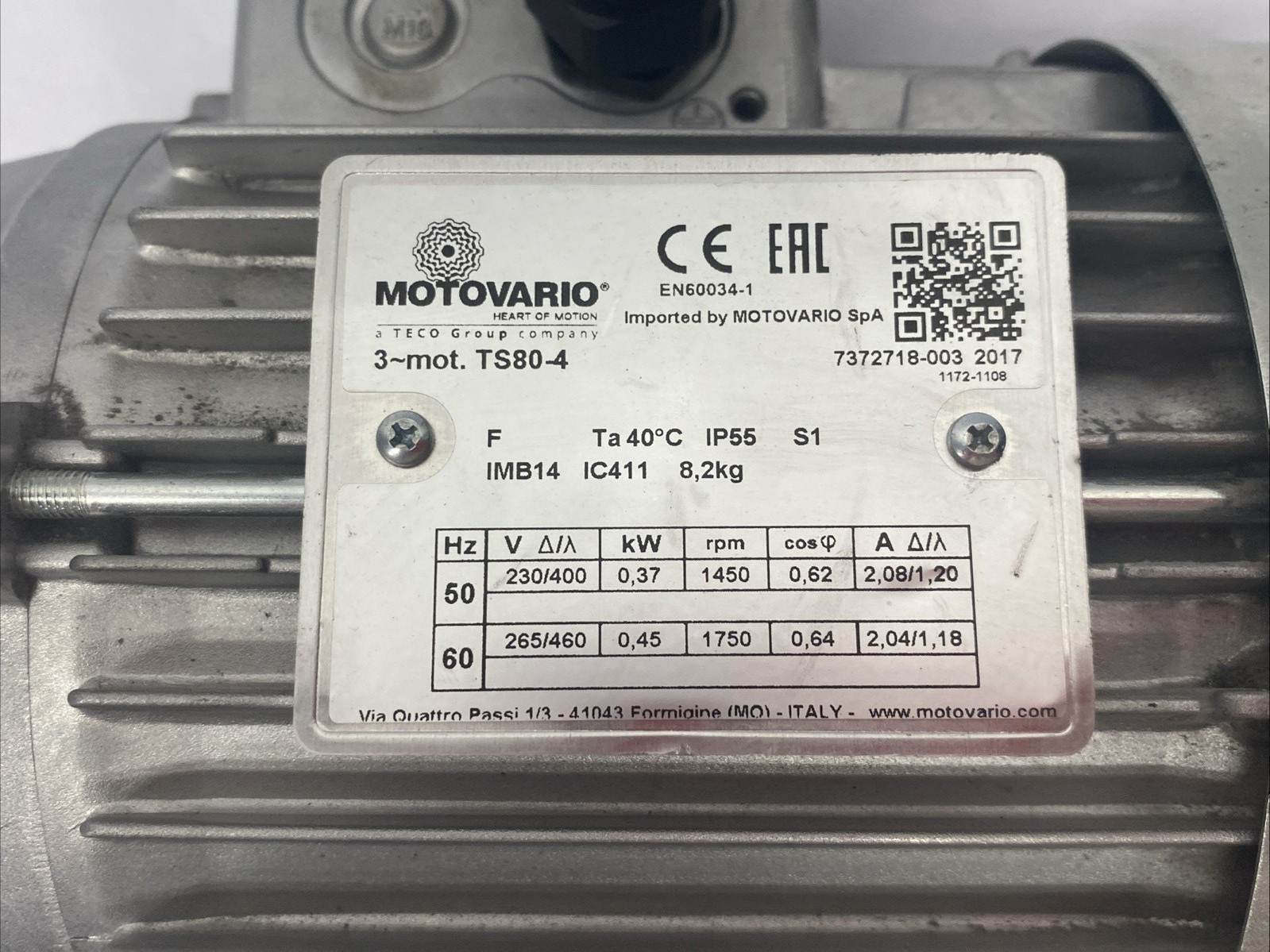 Motovario TS80A4D 0,37 230/400-50 B14 Electric Motor 3-Phase 0,37kW 1450rpm