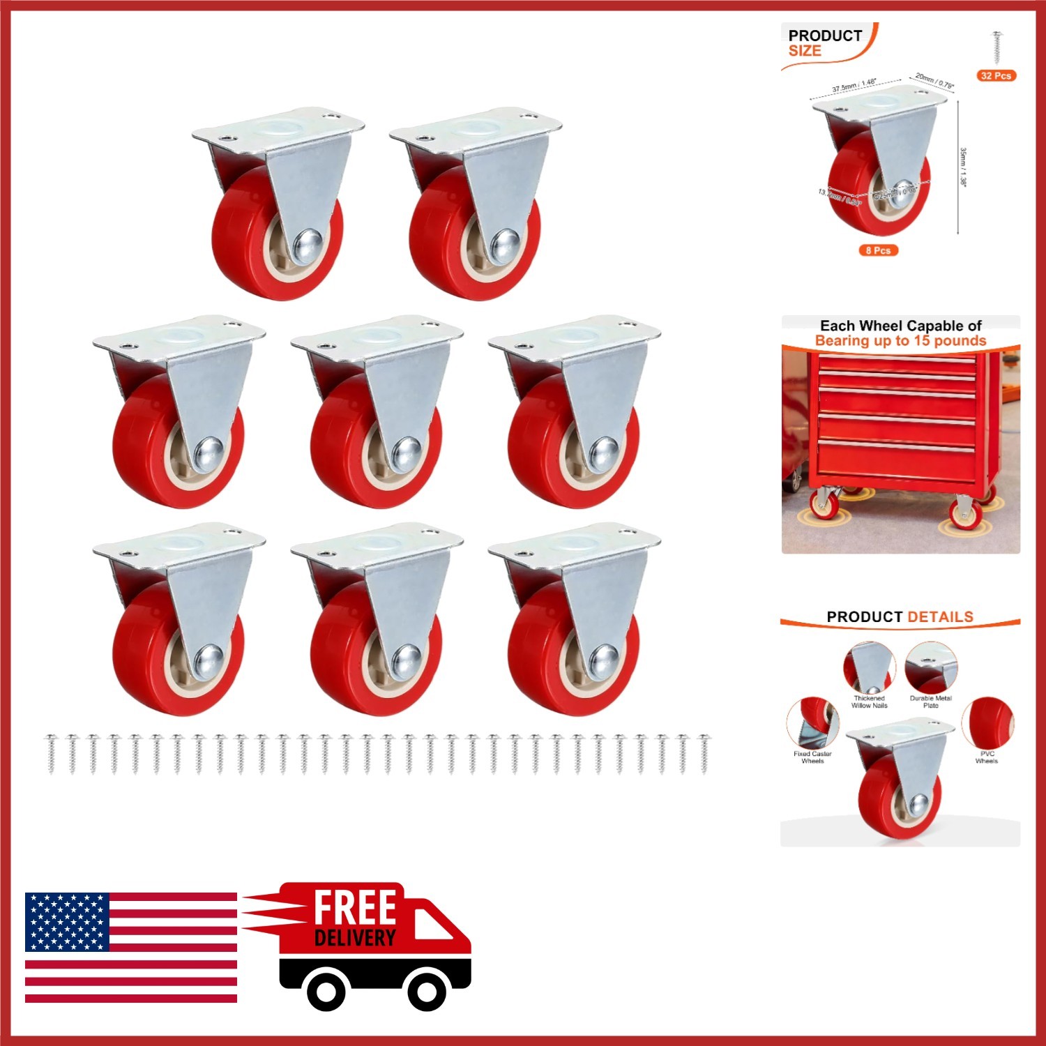 1 Inch PVC Caster Wheels Red Non-Swivel for DIY Projects and Furniture