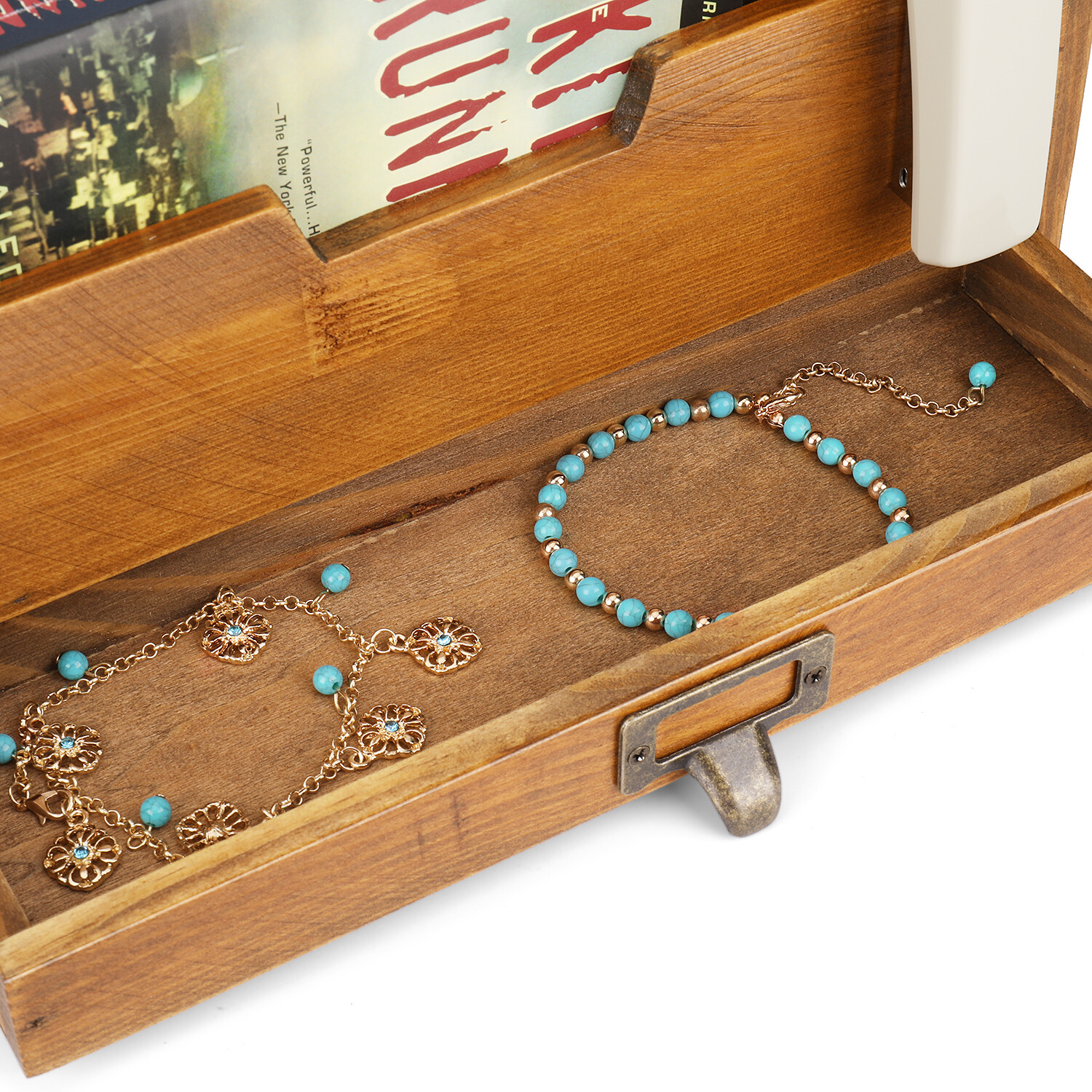 3 Tier Wooden Desk Organizer – Rustic Slot Sorter Shelf Holder with Drawer