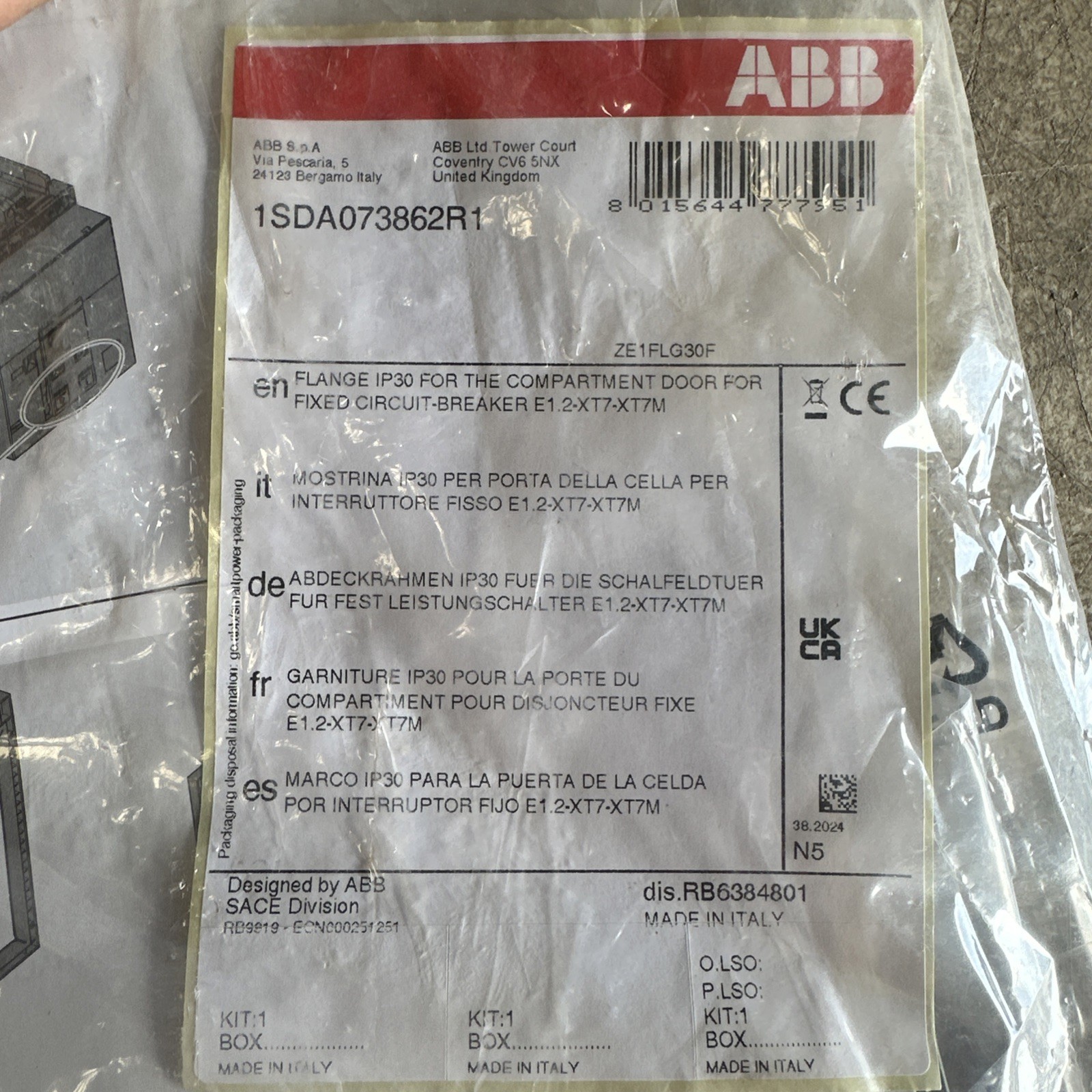 🔴ABB 1SDA073862R1 IP30 Door Flange Frame XT7 XT7M E1.2 Emax 2 Switchgear SACE‼️