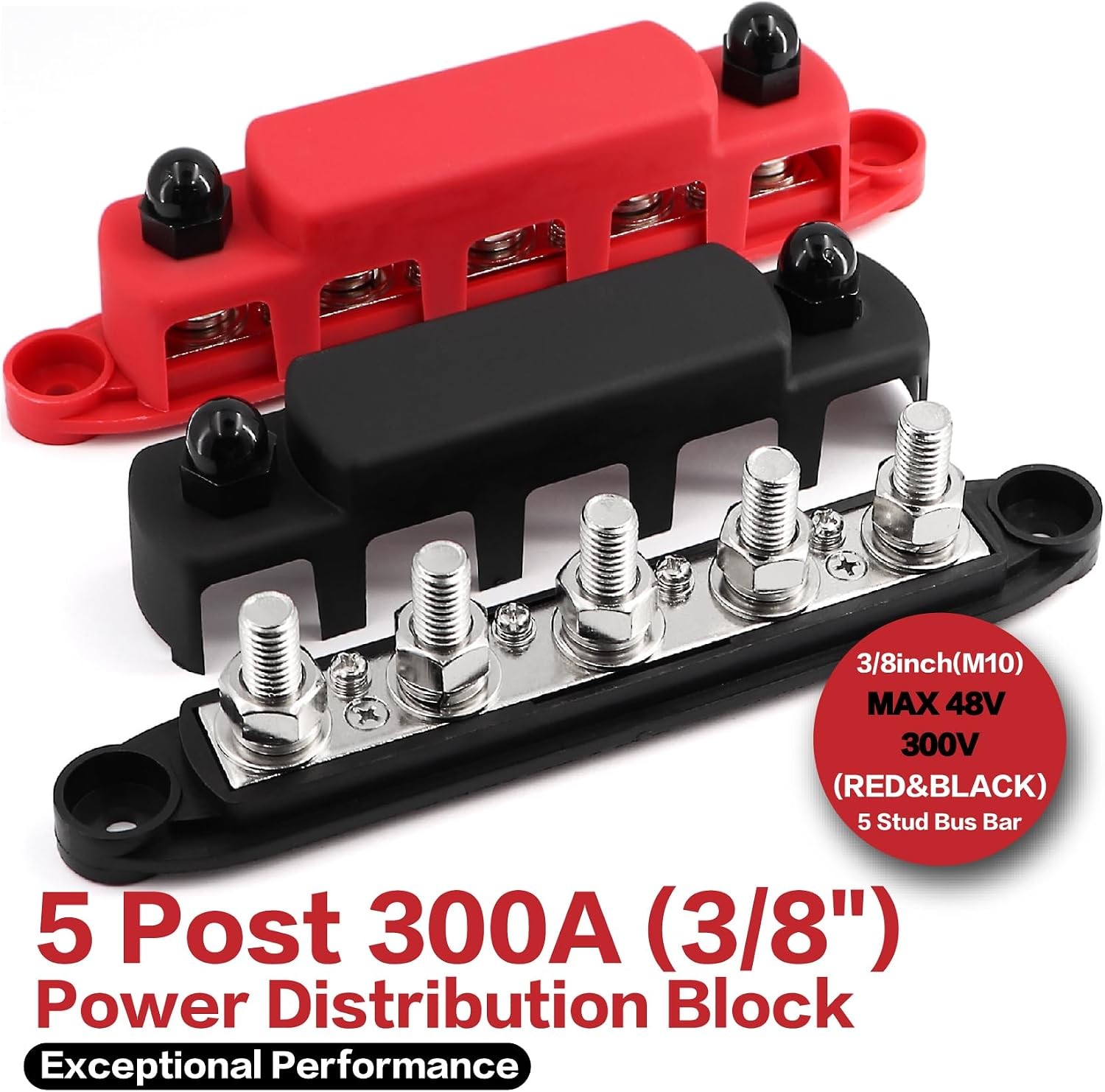 300A Bus Bar 5 Post 12V-48V DC Power Distribution Block,5 * 3/8″(M10) Battery Te