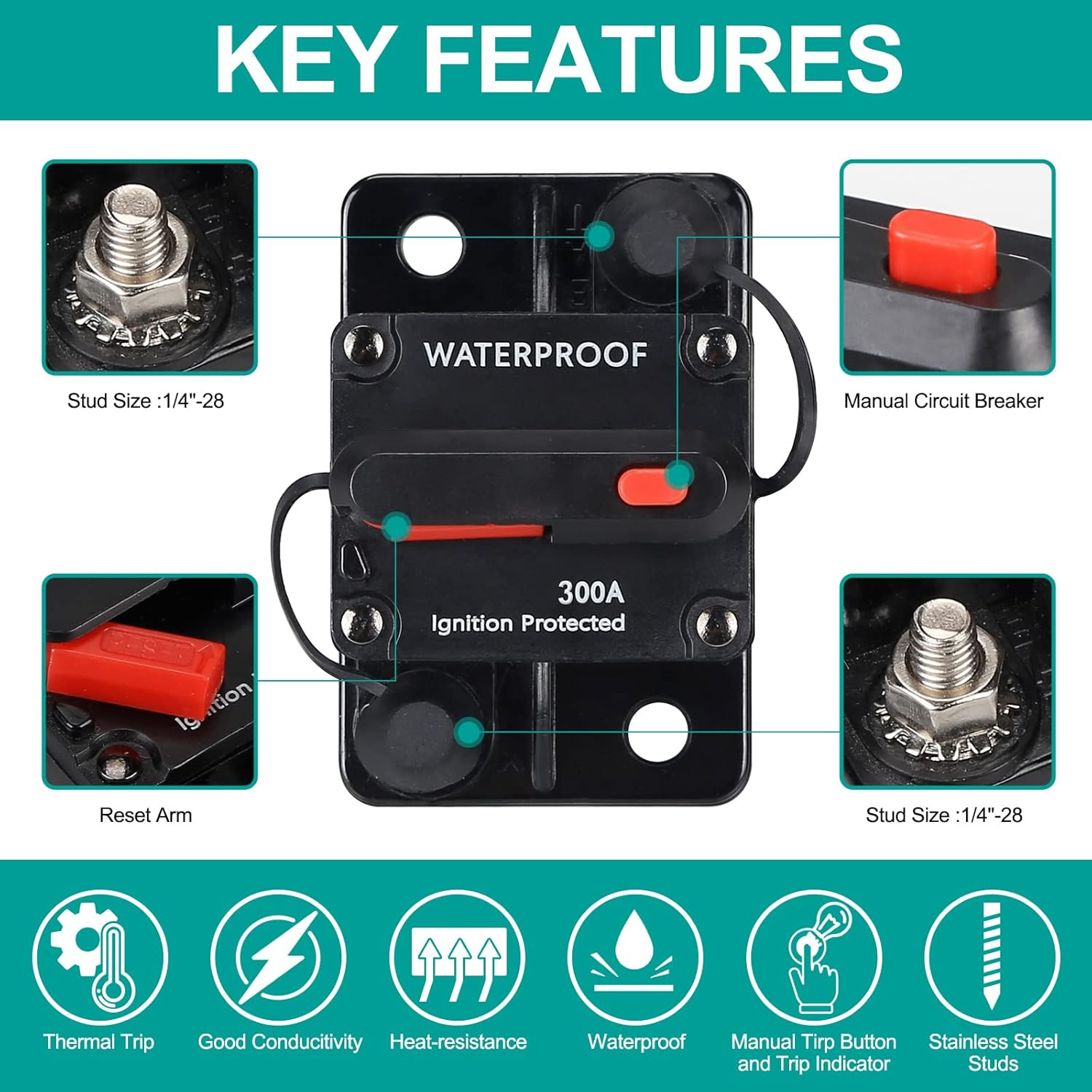 2x Waterproof Car Circuit Breaker Fuse Reset 30-300 Amp 12V-48V DC Car Boat Auto