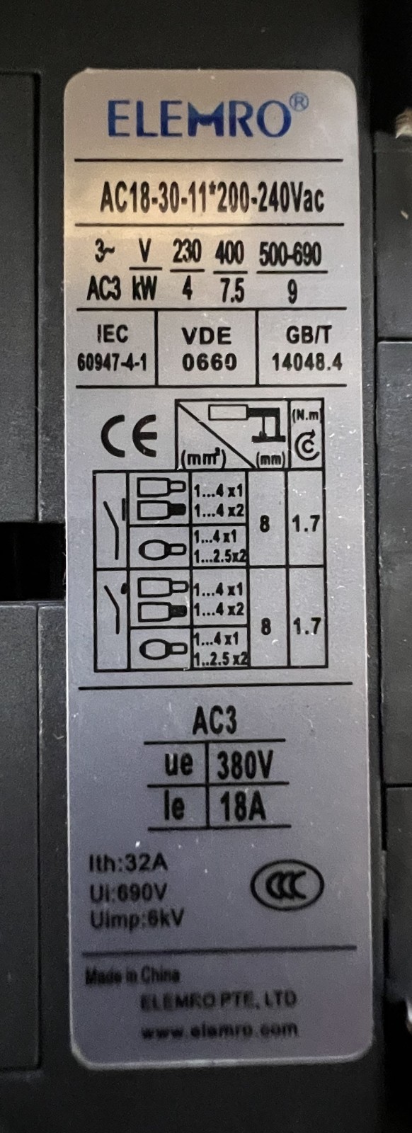 NEW AC50-30-11 *200-240V Contactor 50A 22KW/400V Elemro Schutz 3‑pole
