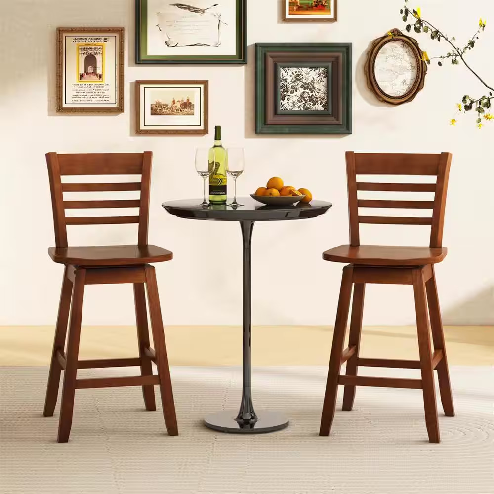 24.5 In. Brown Wood Swivel Bar Stools with Hollow Backrest (Set of 2)