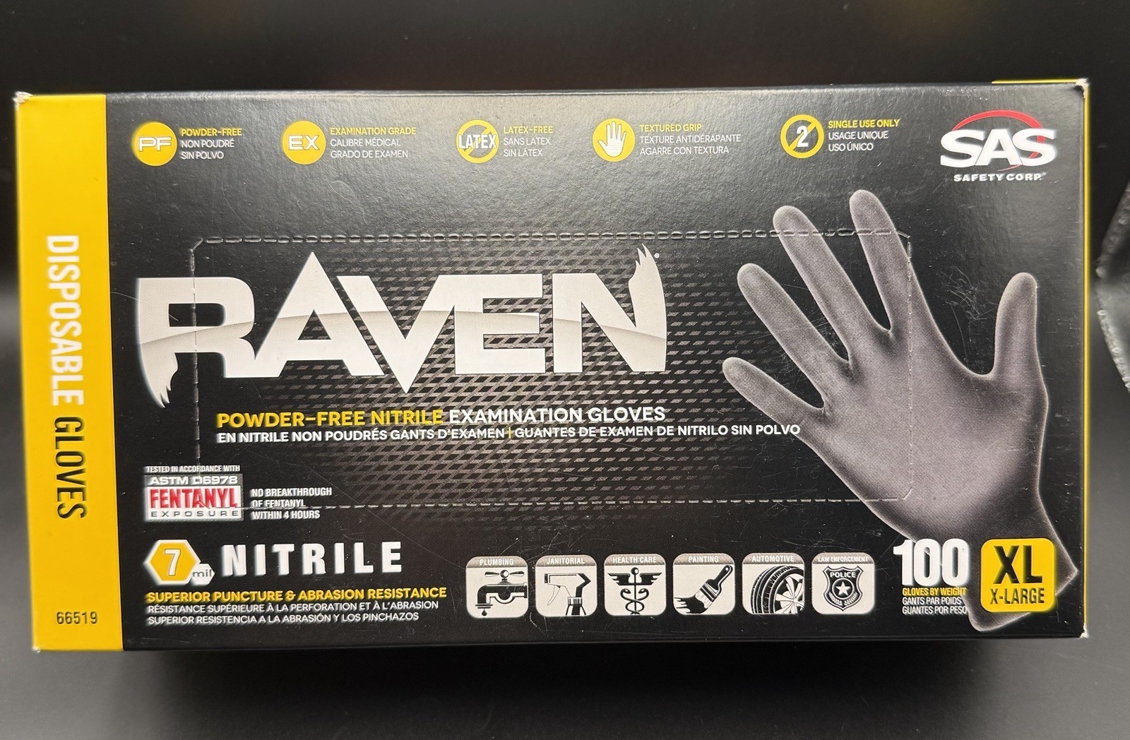 SAS Safety RAVEN Black Powder-Free Nitrile Exam Gloves XL 100ct 66519