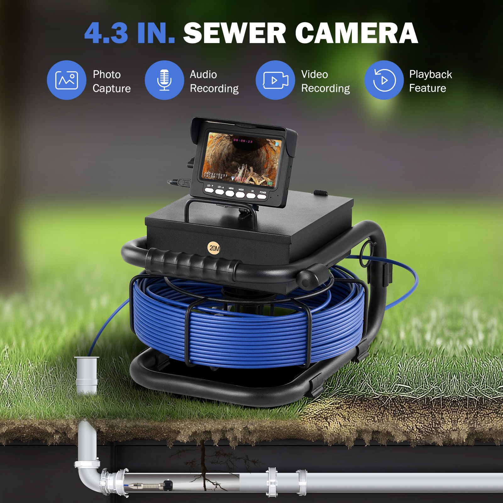 4.3 in. Sewer Inspection Camera w 164FT/50M Cable Plumbing Camera for Sewer Pipe
