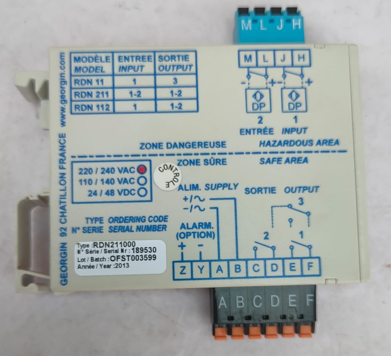 GEORGIN RDN 211 Intrinsically Safe Relay 220/240VAC RDN211000