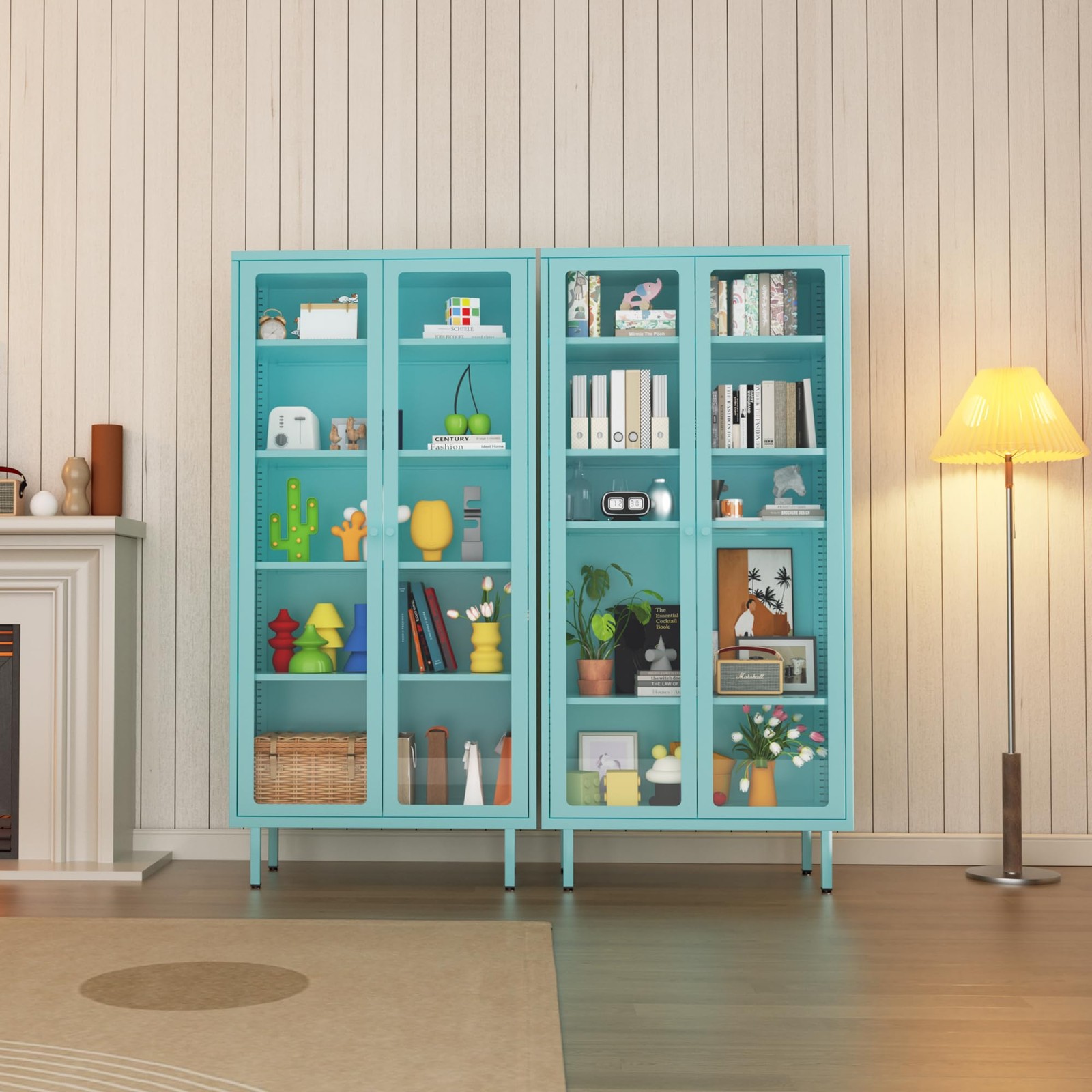 Metal Curio Cabinet Tempered Glass Adjustable Shelves Blue Assembly Required