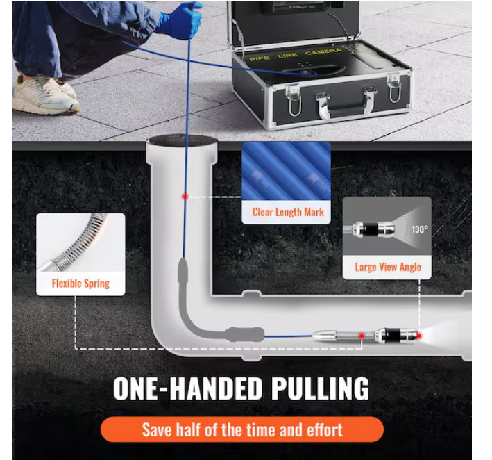 Vevor Sewer Pipeline Inspection Camera 7 in. Screen 98 ft with DVR 16GB SD Card
