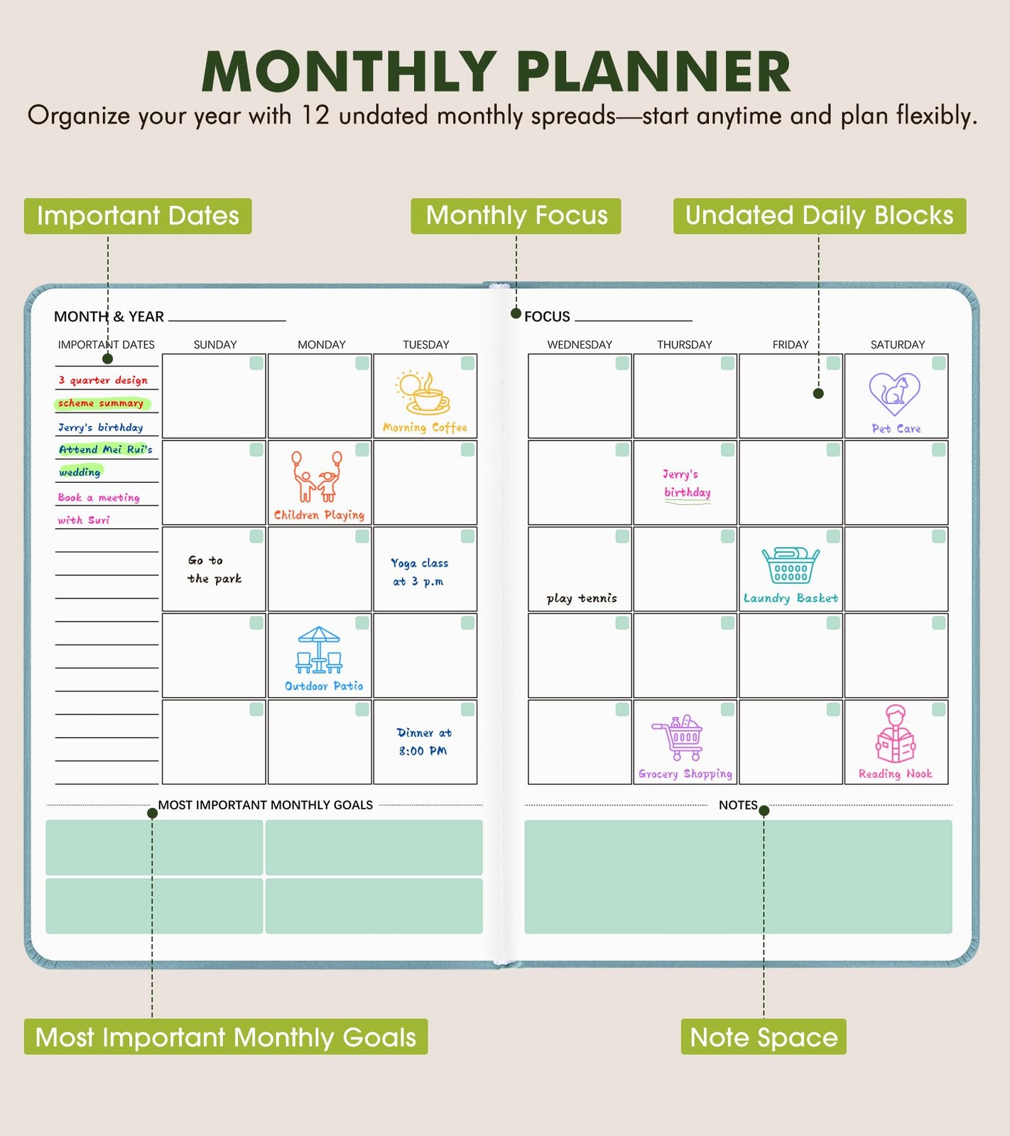 Undated Weekly and Monthly Planner, Hardcover Leather Calendar Blank Planner,…