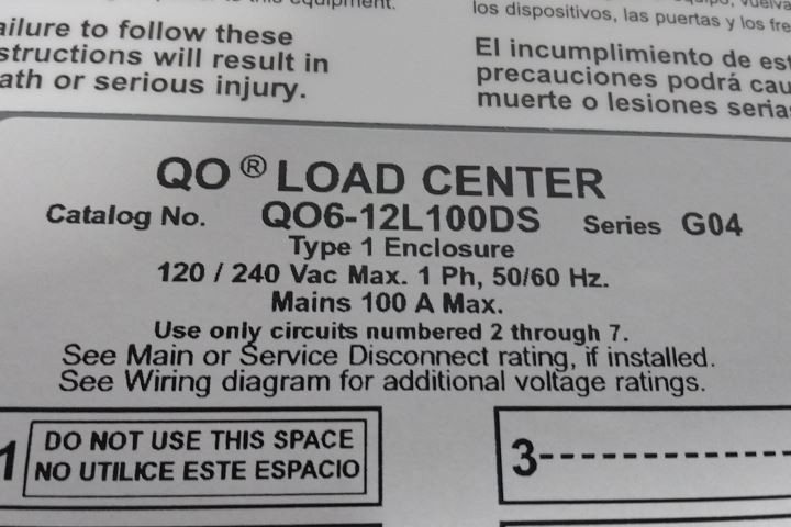Square D QO612L100DS 120/240VAC 100 Amps 6 Space Load Center