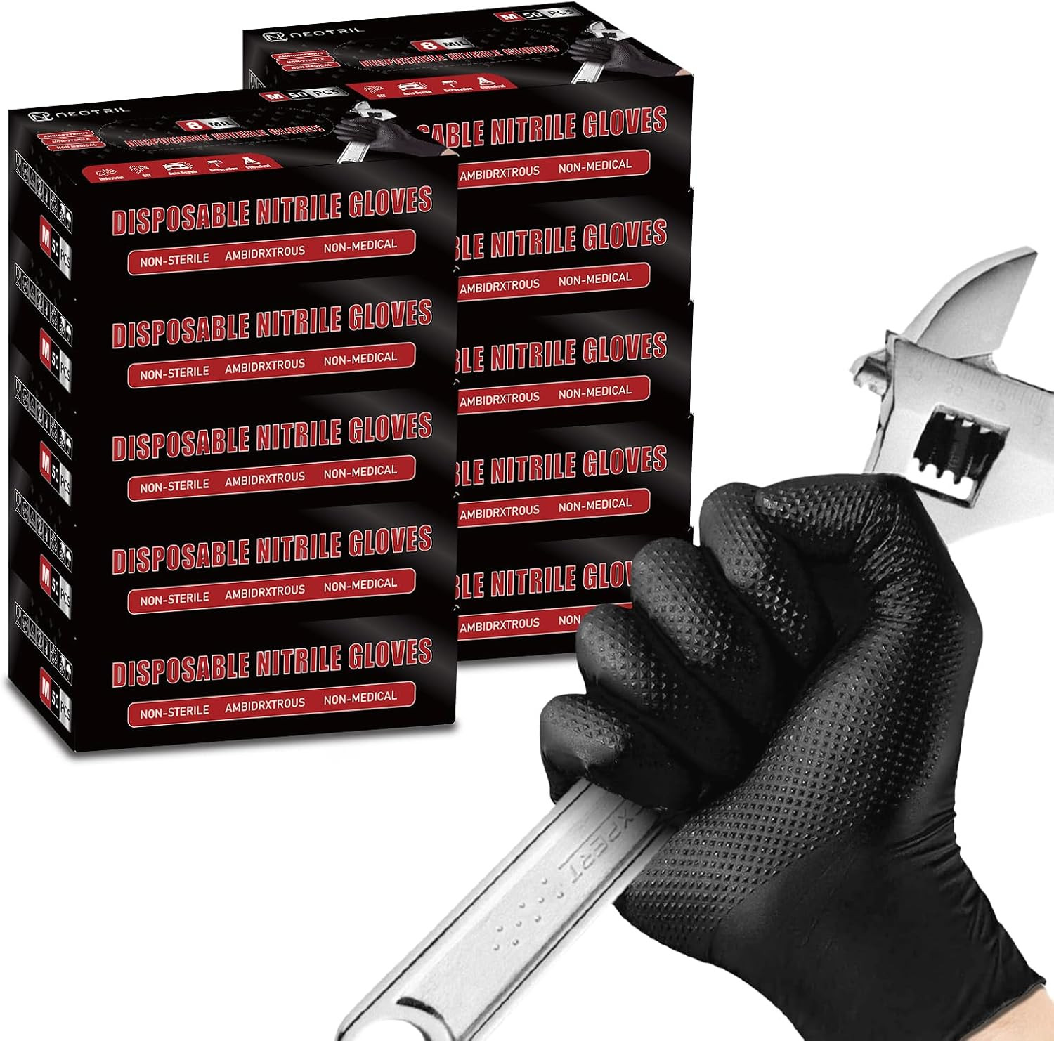 8 Mil Heavy Duty Disposable Nitrile Gloves with Diamond Texture Grip Rubber Glov