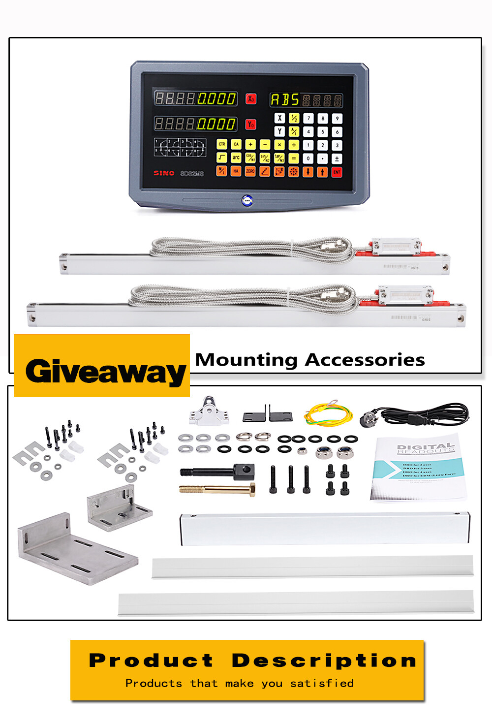 SINO SDS2MS 2 Axis DRO Set Digital Readou Kit With 2PCS KA300 Linear Scale 5um