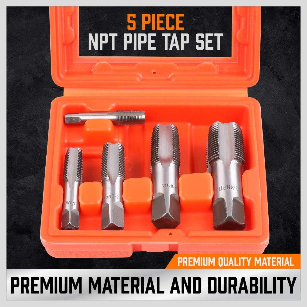 5-Piece NPT Pipe Tap Kit with Heavy-Duty Storage Case, 1/8″–3/4″ Tapered Taps