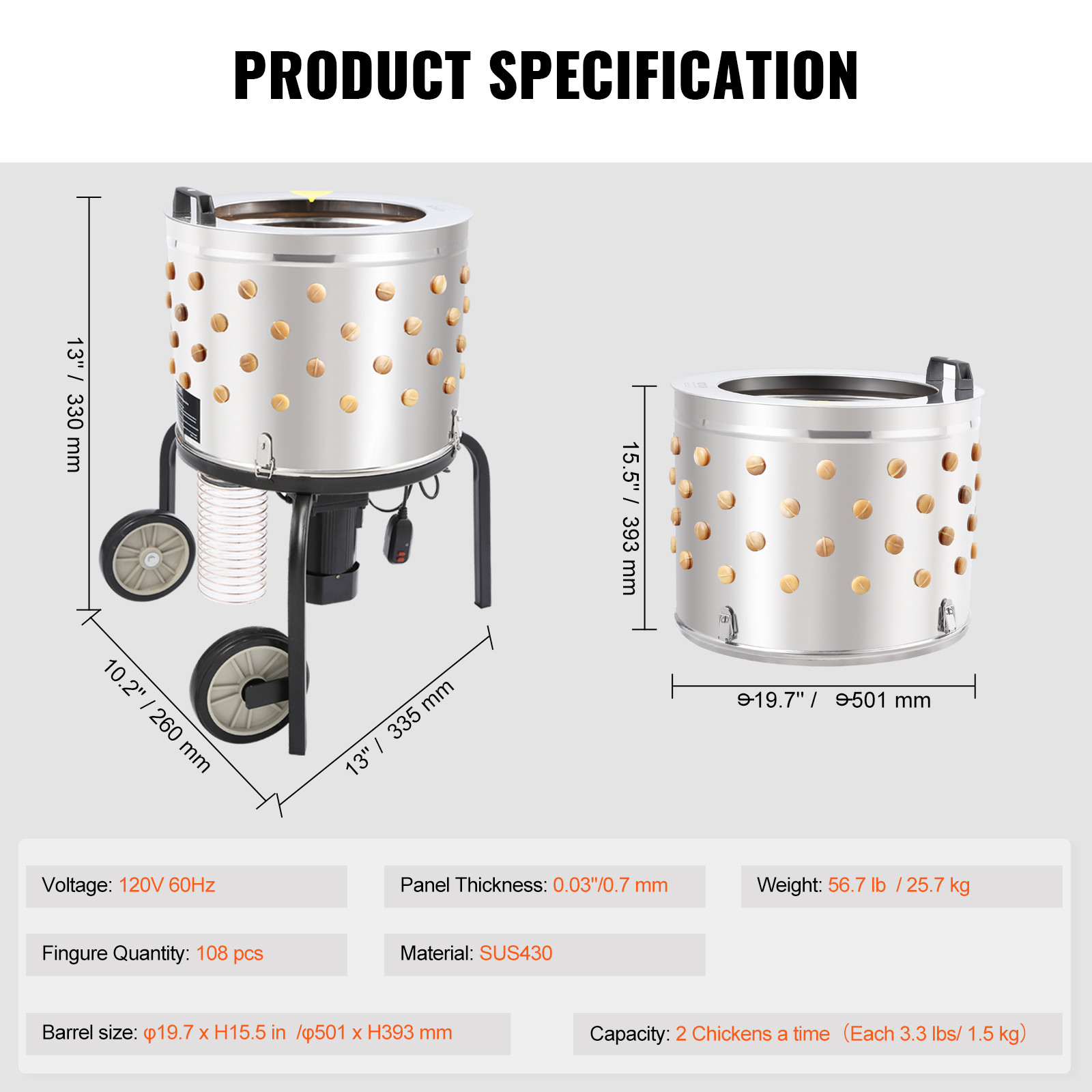 VEVOR Chicken Plucker Machine Feather Plucker Stainless Steel Drum 280RPM Motor