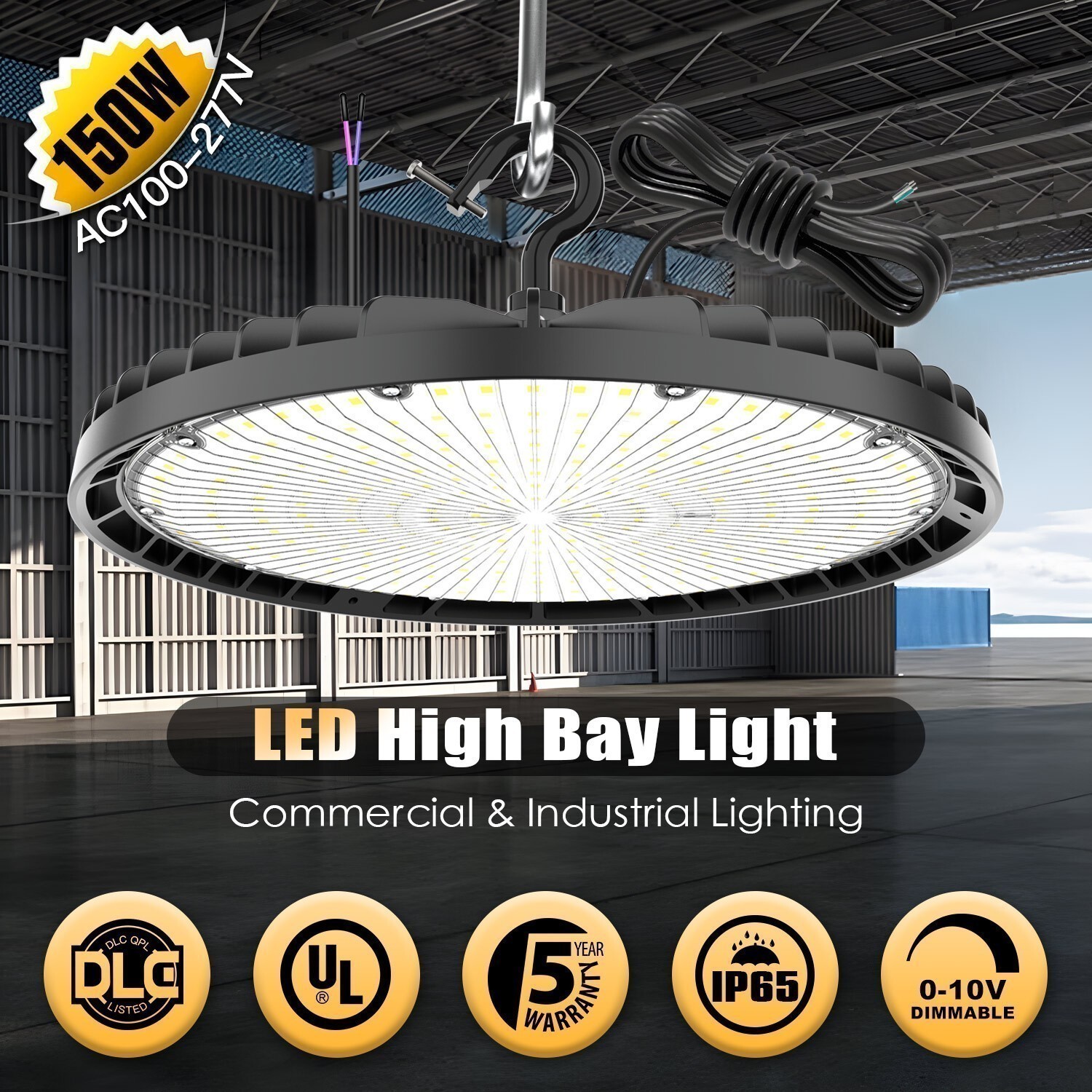 150W UFO High Bay Light 21000lm Commercial Warehouse Lighting (Eqv.600W MH/HPS)
