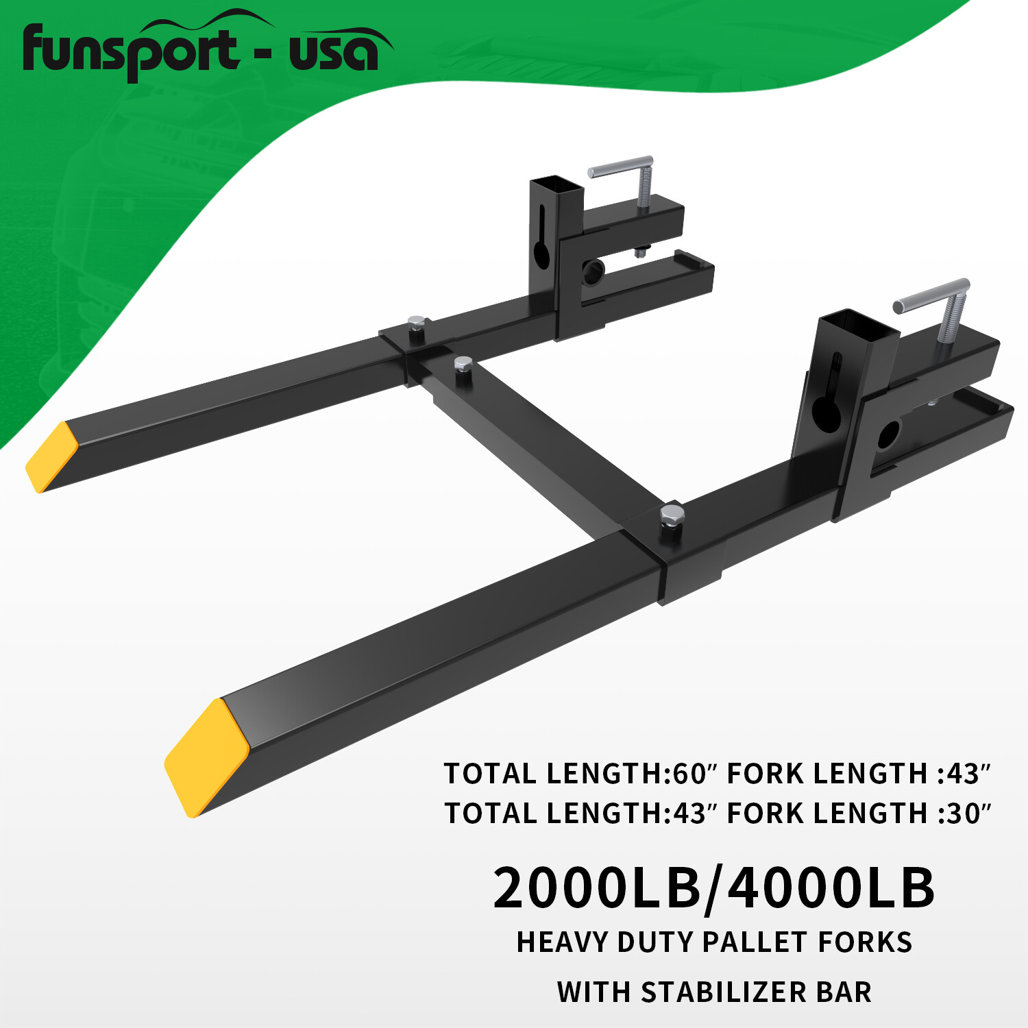 4000lb/2000lb Bucket Fork Clamp On Loader Quick Attach Fork w/ Stabilizer Bar