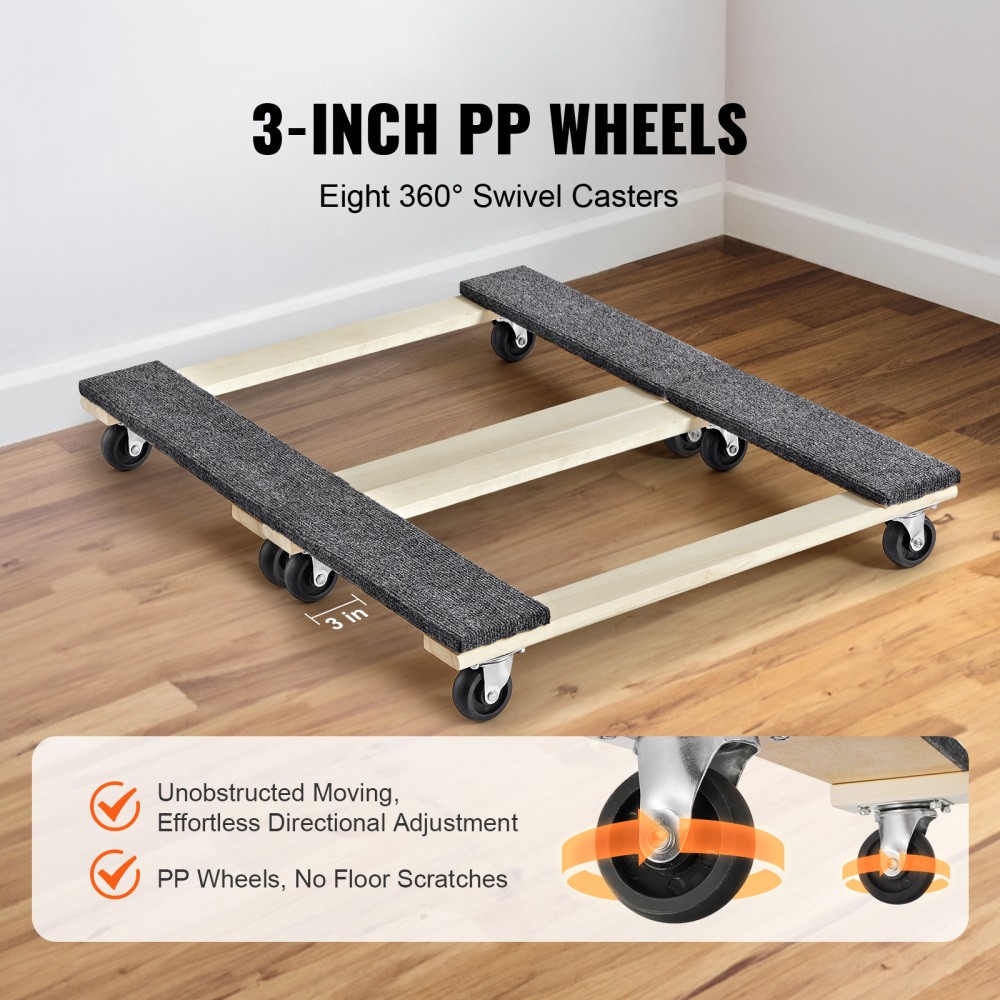 2Pcs Hardwood Furniture Dolly 1000LBS 18″×30″ 3″ PP Swivel Casters