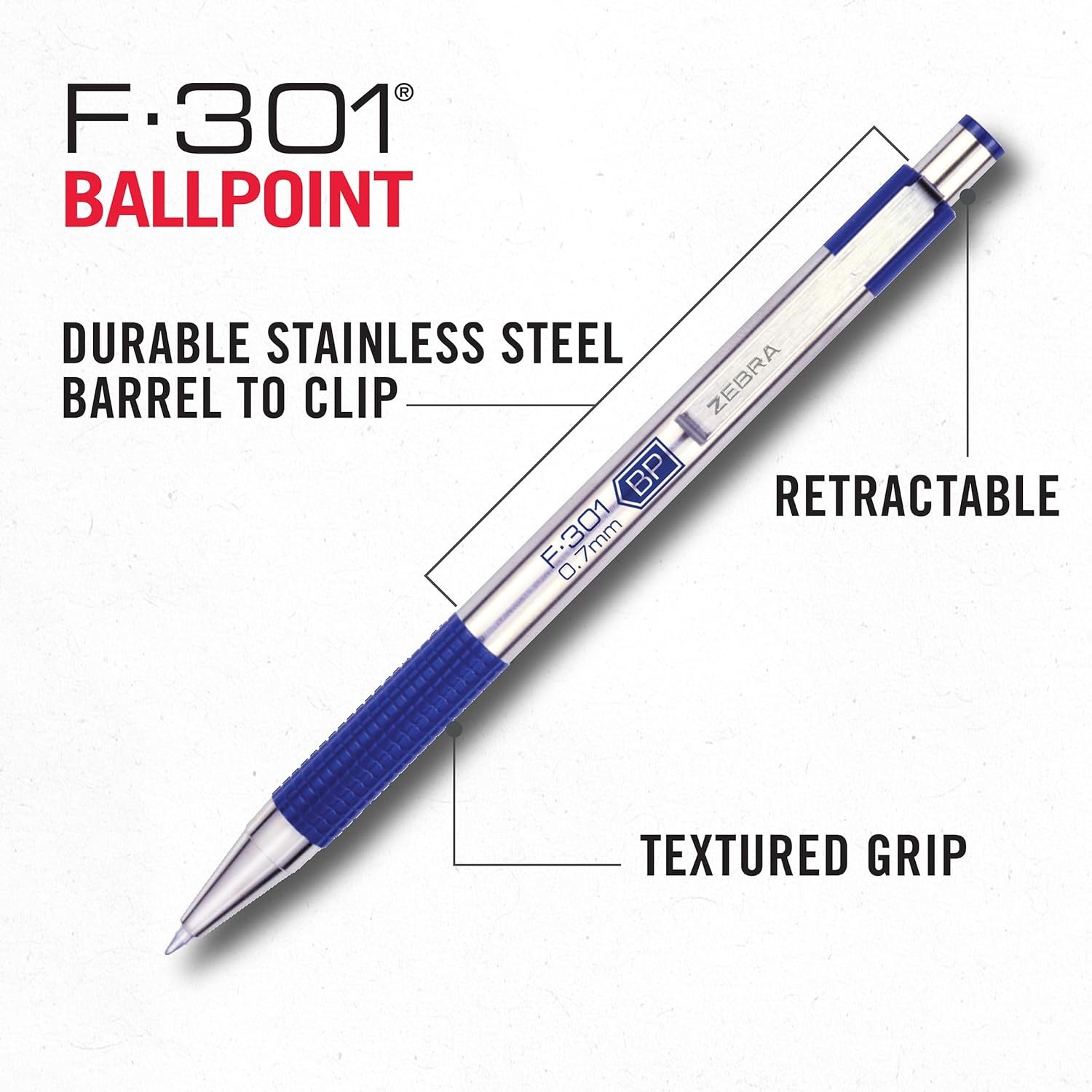 F-301 Ballpoint Blue Ink Fine Point 0.7mm Pen, Easy-Glide Ink, Stainless Steel