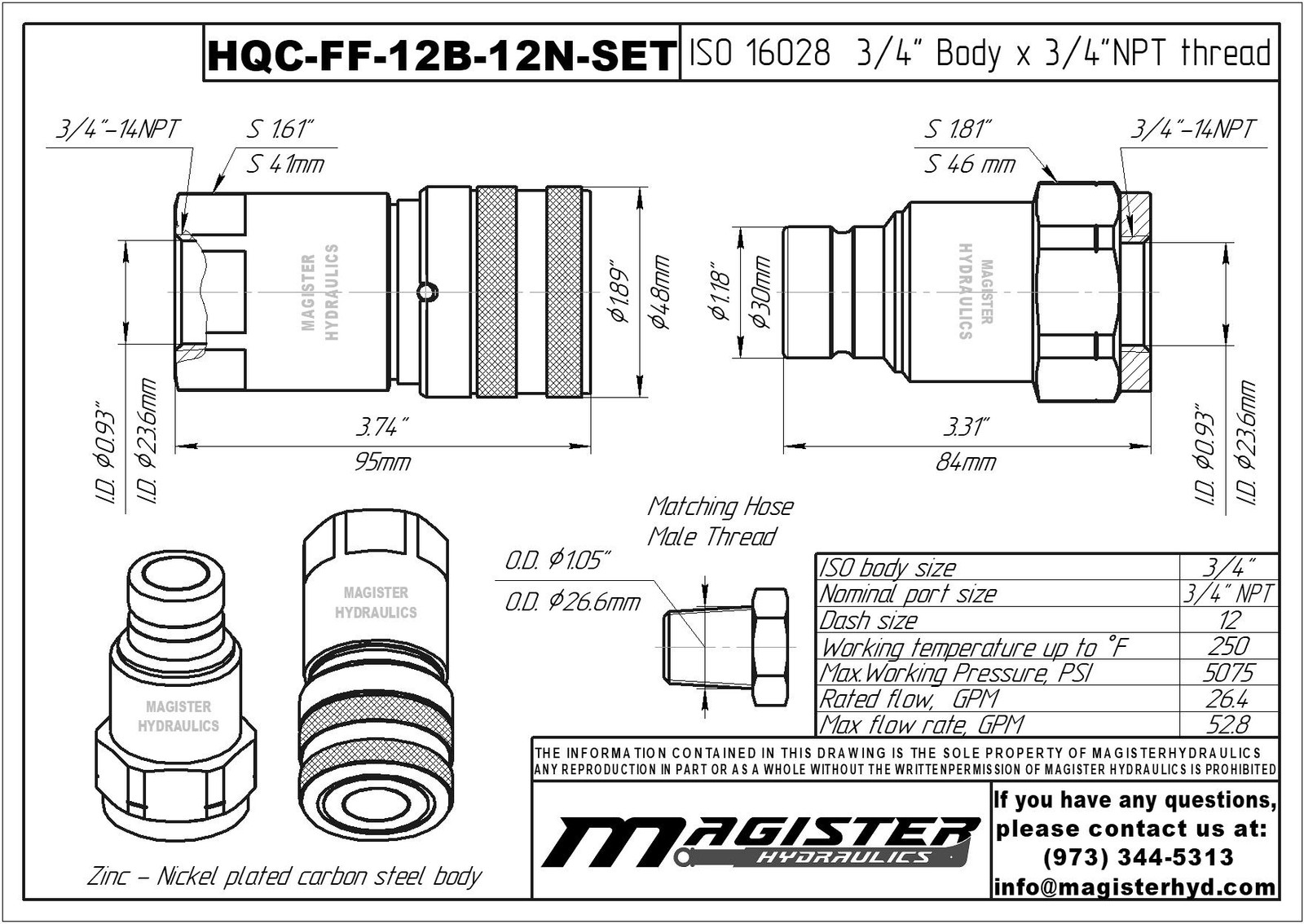3/4″ Flat Face Hydraulic Quick Couplers Set – 3/4″ NPT Thread
