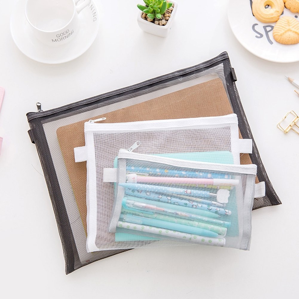 6 PCS White Zipper Files Bag Transparent Mesh Documents Pocket Pouch A5 Size