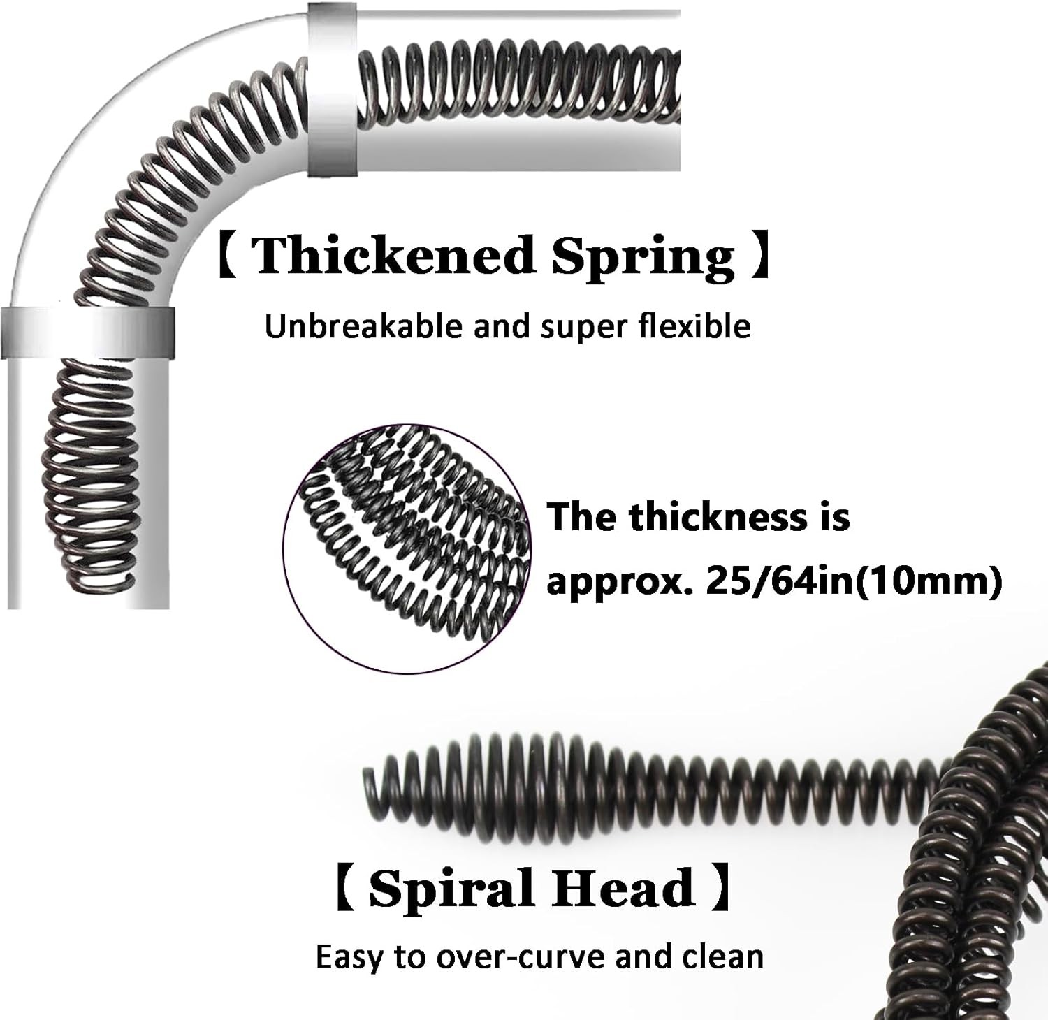 10mm Heavy-Duty Drain Auger Snake Cable with Drill Adapter – 6.5Ft/2M Flexible P