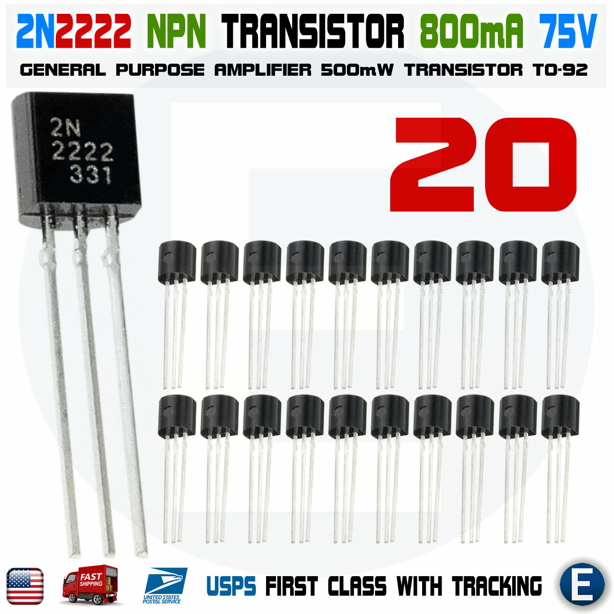 20pcs 2N2222A NPN 2N2222 TO-92 Plastic-Encapsulate Power Transistors 75V 0.8A