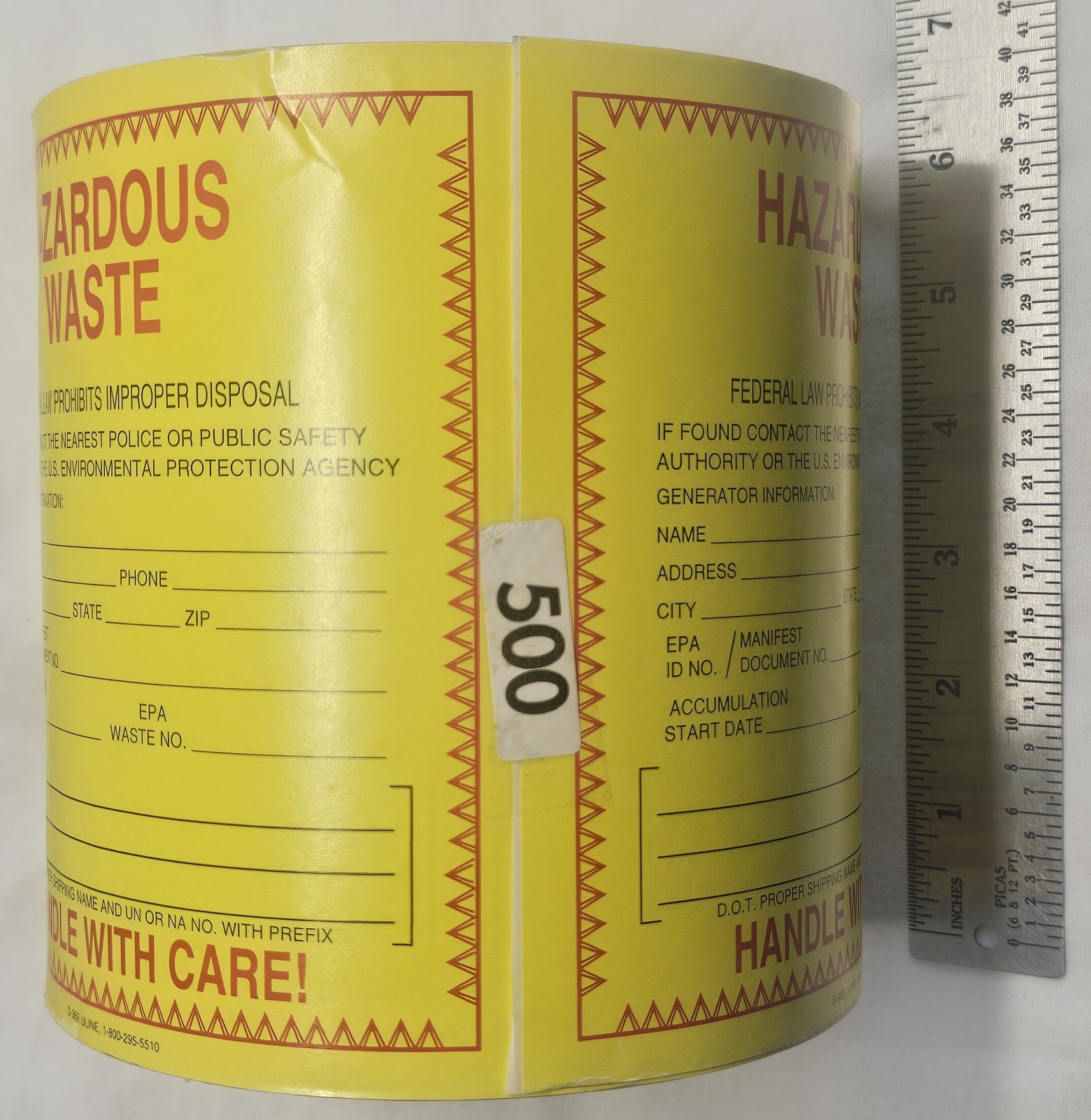 Uline S-369 Vinyl Hazard Labels Hazardous Waste 6″×6″ Adhesive Stickers Roll 500